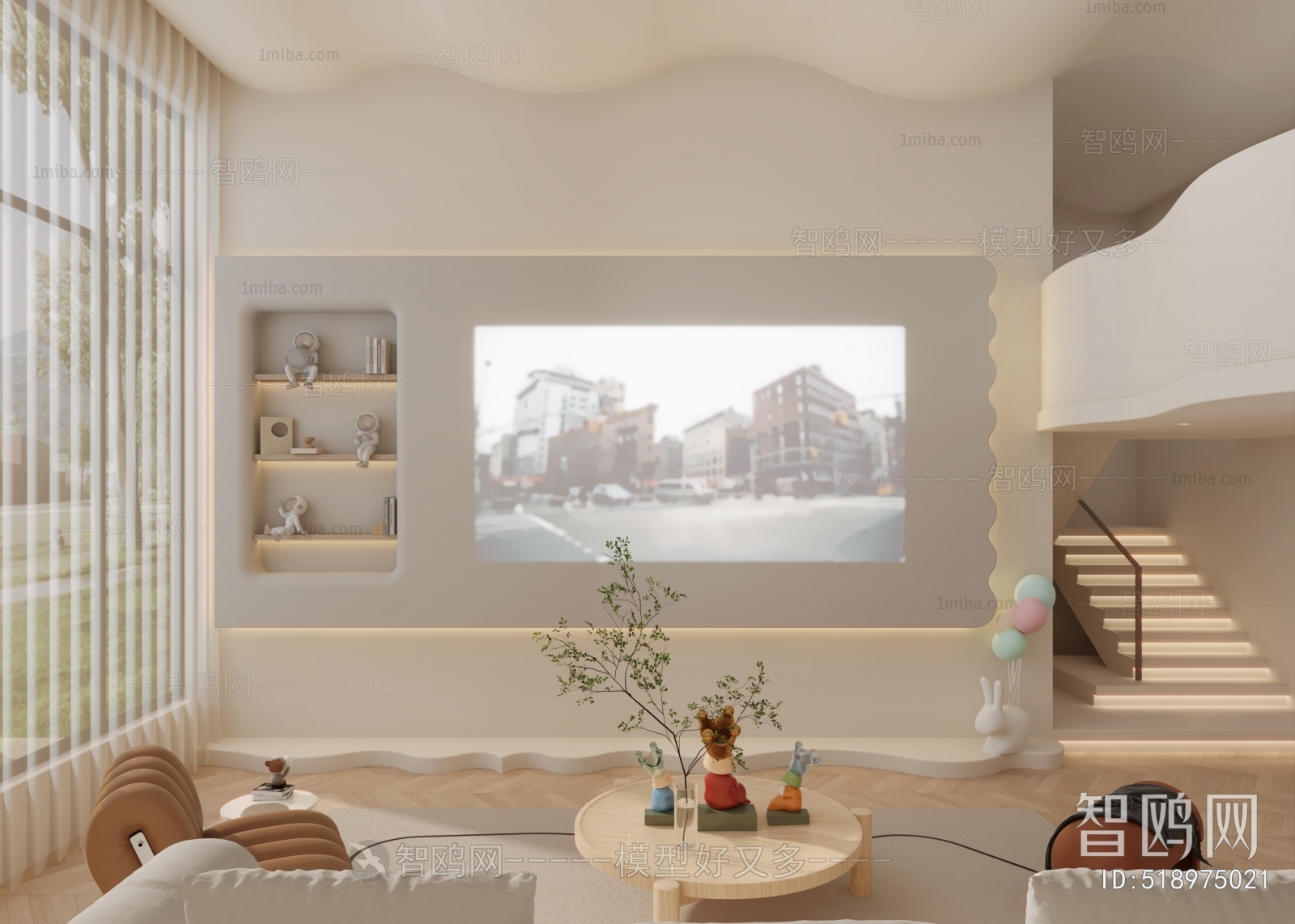 多场景-现代侘寂风挑高别墅客厅+书房3D模型下载
