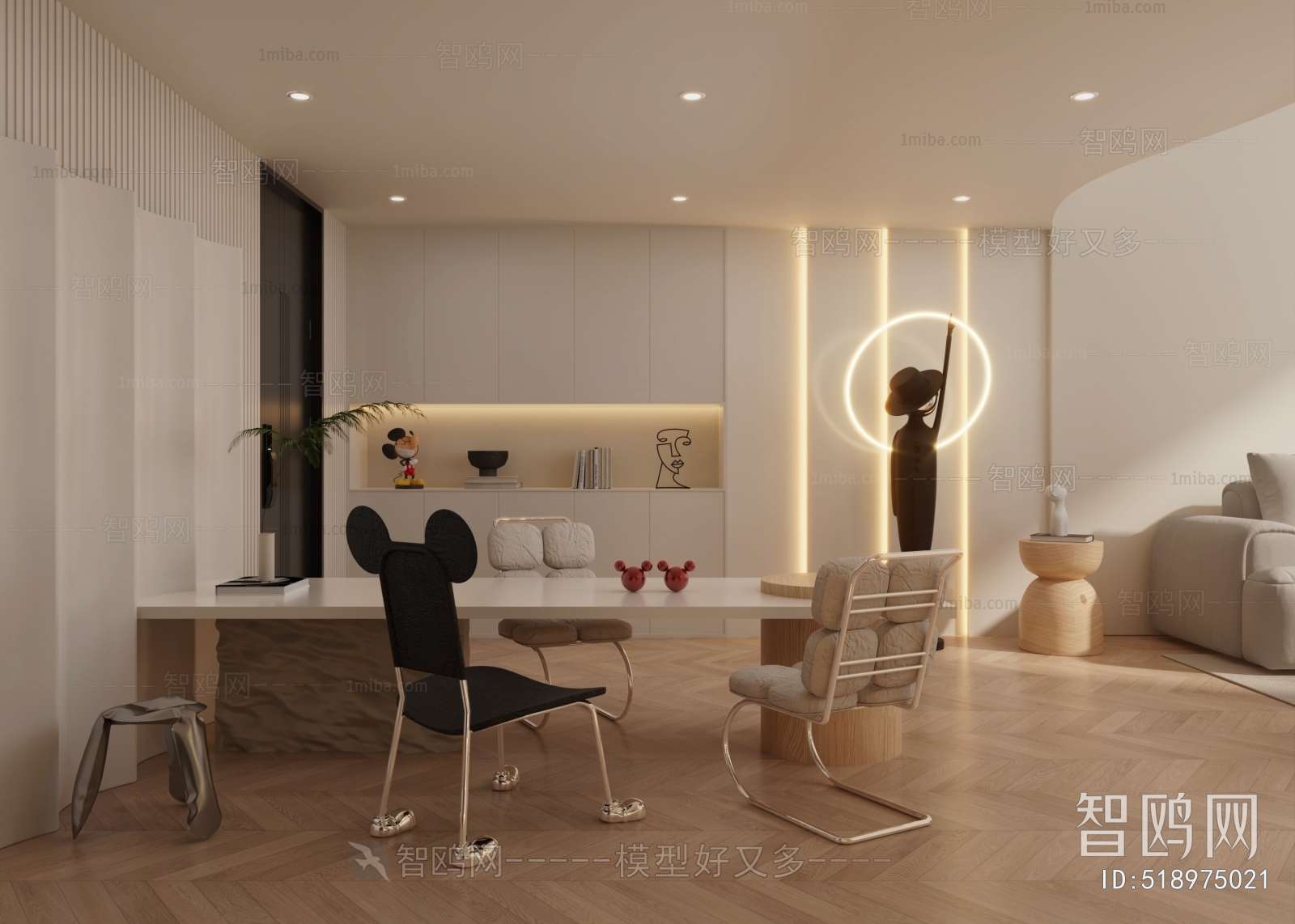 多场景-现代侘寂风挑高别墅客厅+书房3D模型下载