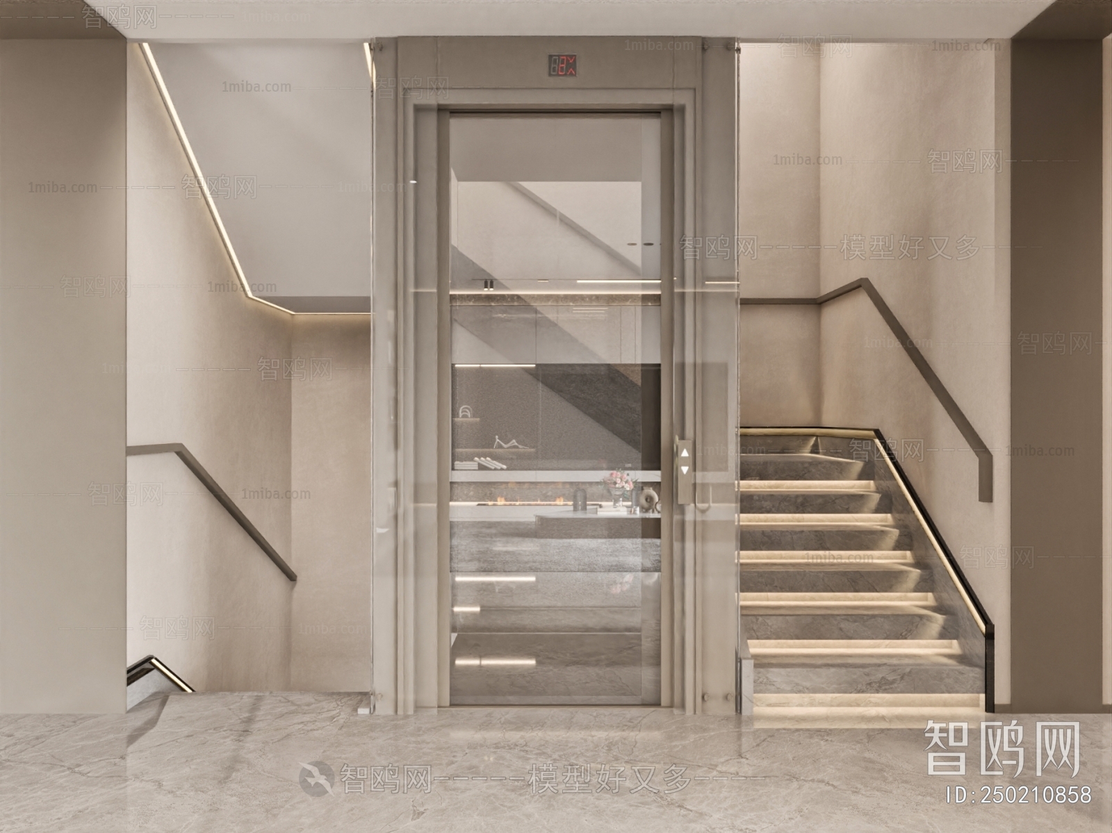 现代楼梯电梯间3D模型下载