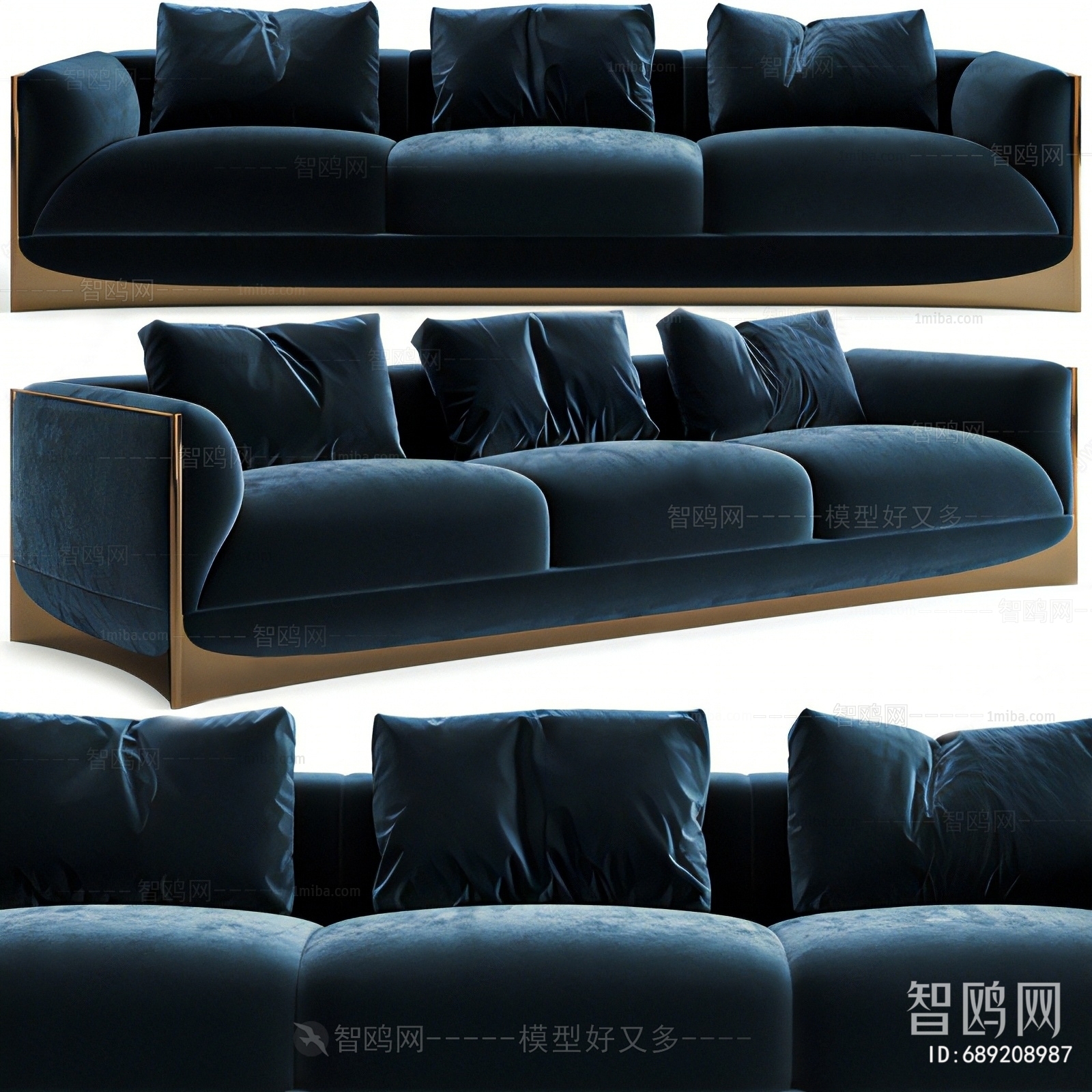 现代蓝色布艺三人沙发