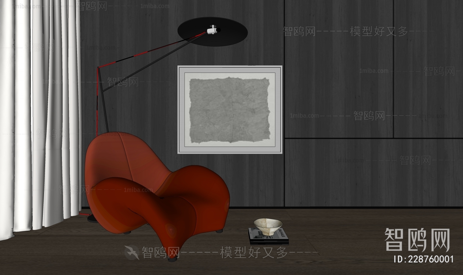 现代黑白抽象挂画 红色休闲椅
