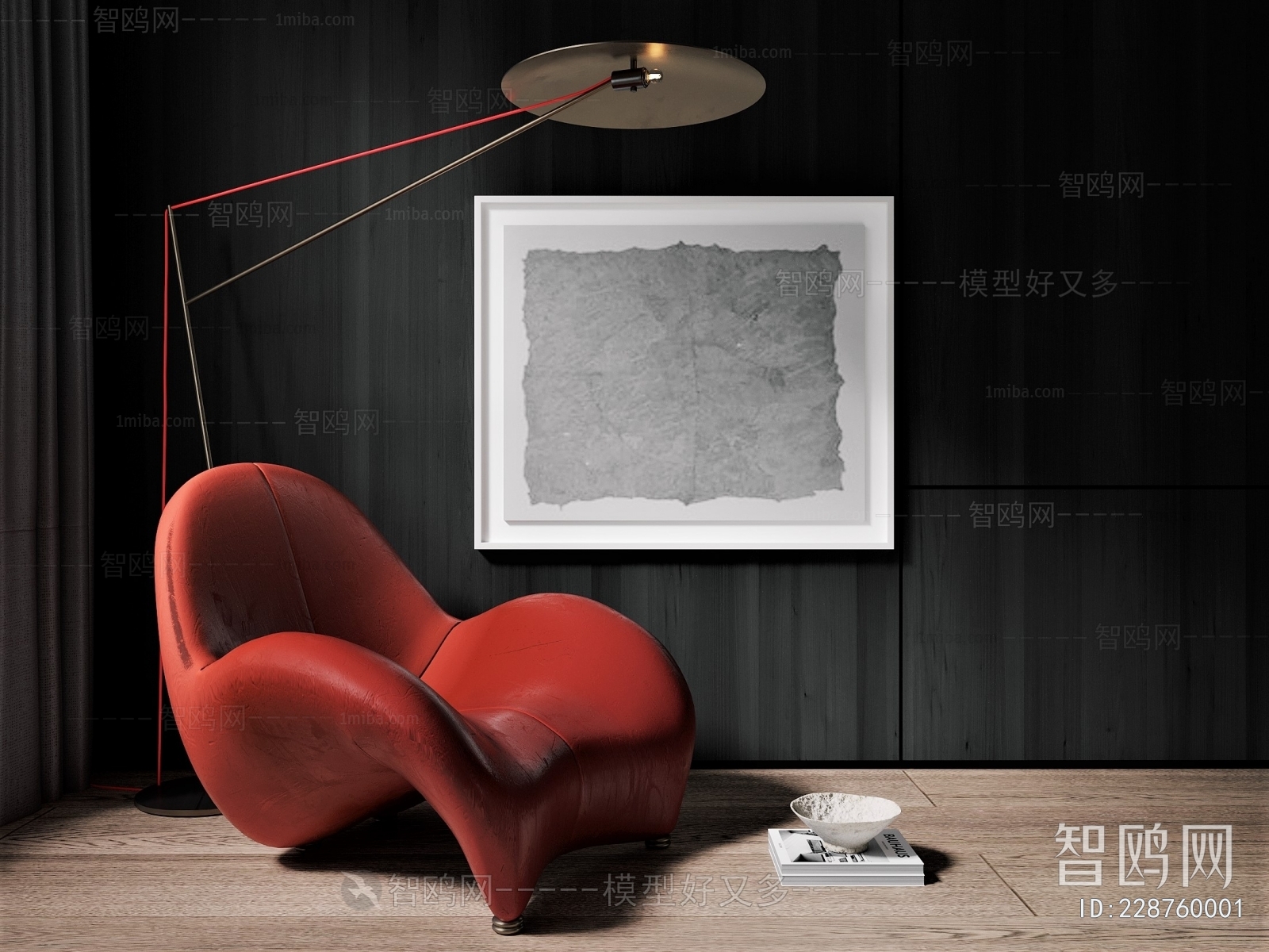 现代黑白抽象挂画 红色休闲椅