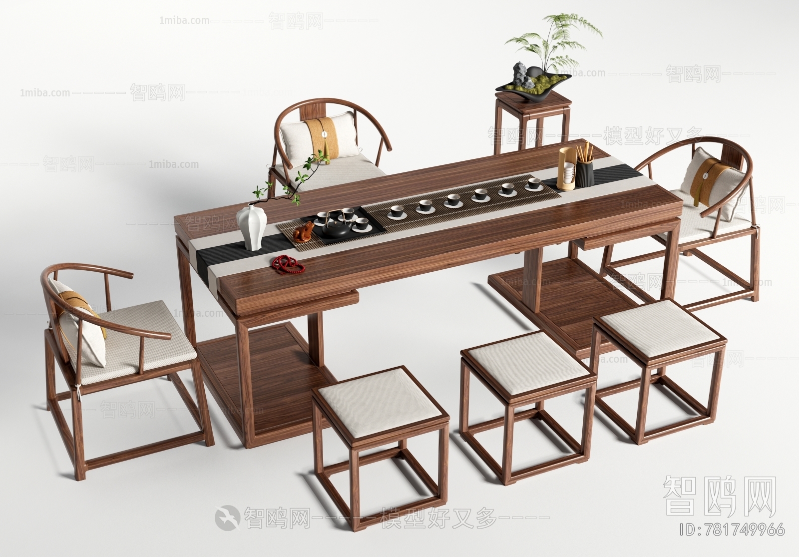 新中式茶桌椅坐凳组合