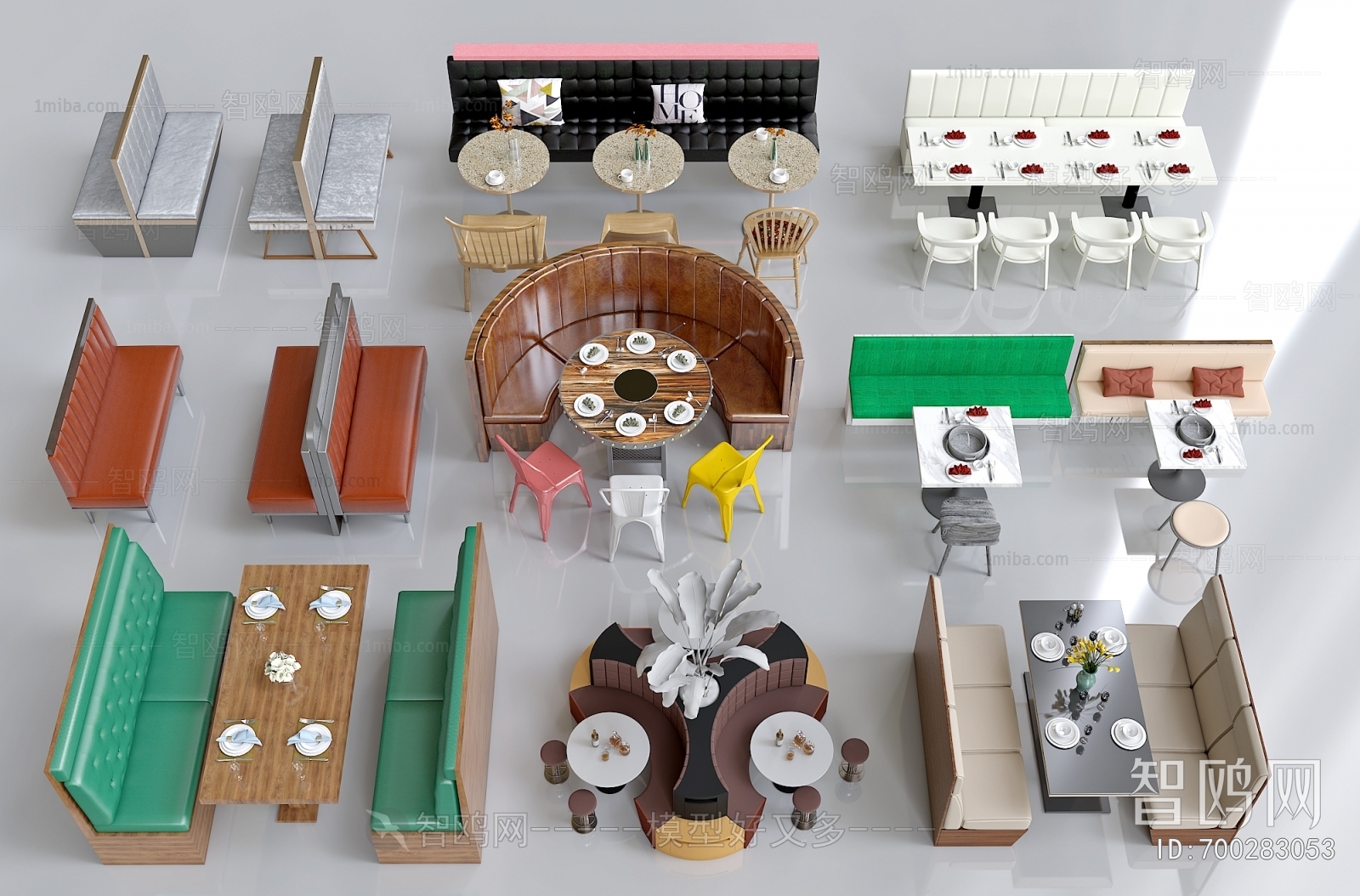 现代卡座餐桌组合3D模型下载
