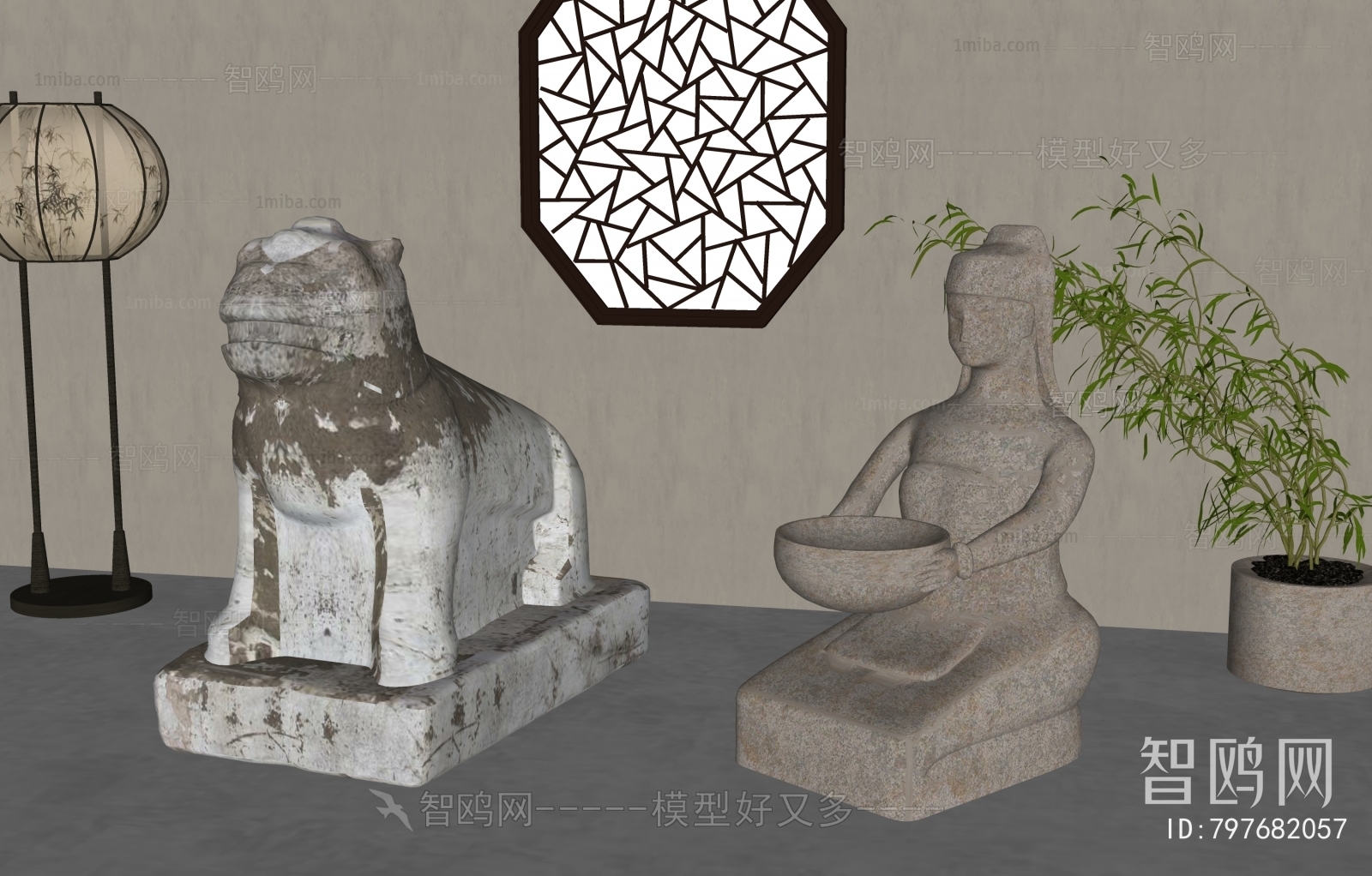 新中式石头雕塑组合