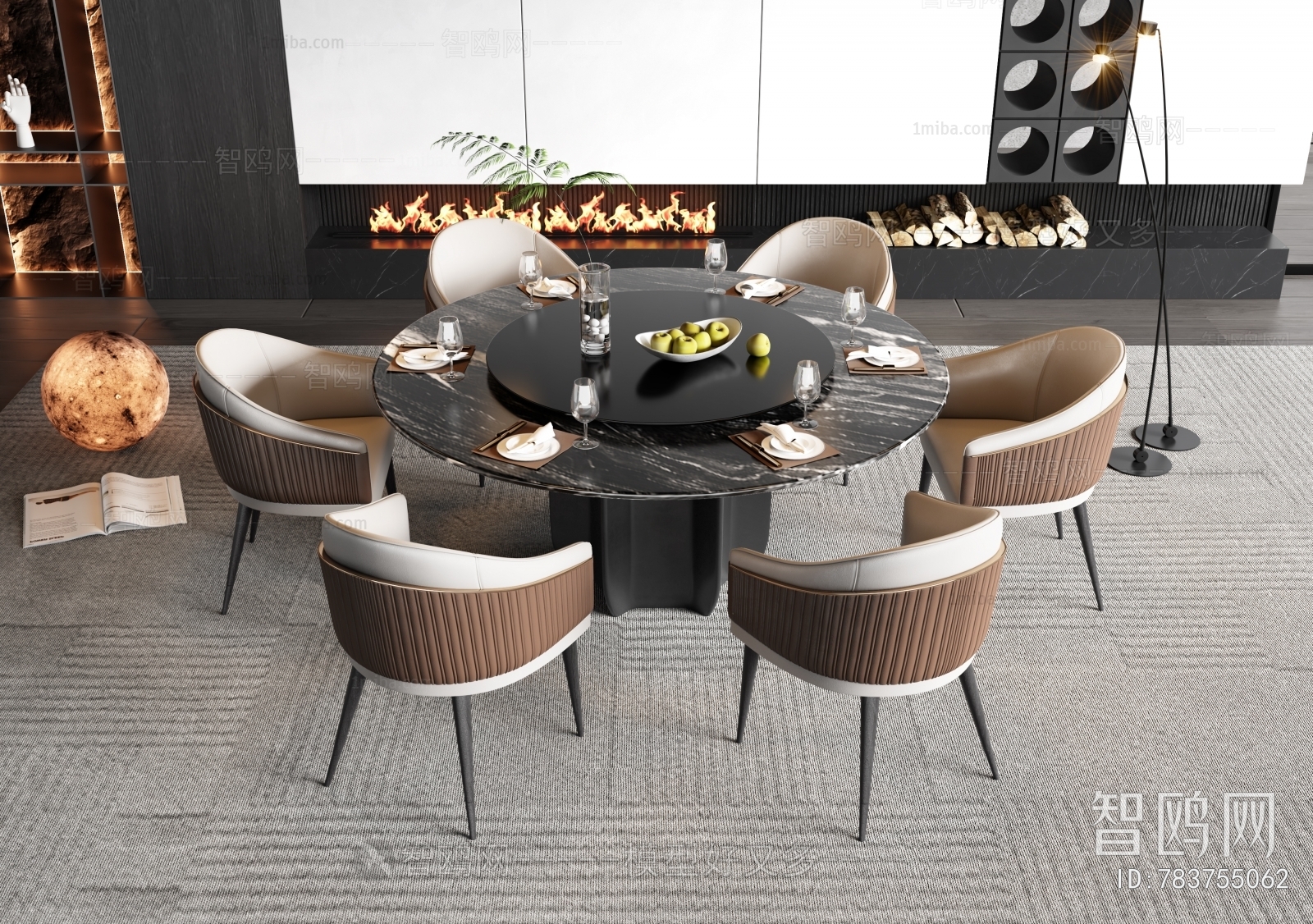 Minotti现代圆形餐桌椅组合3D模型下载