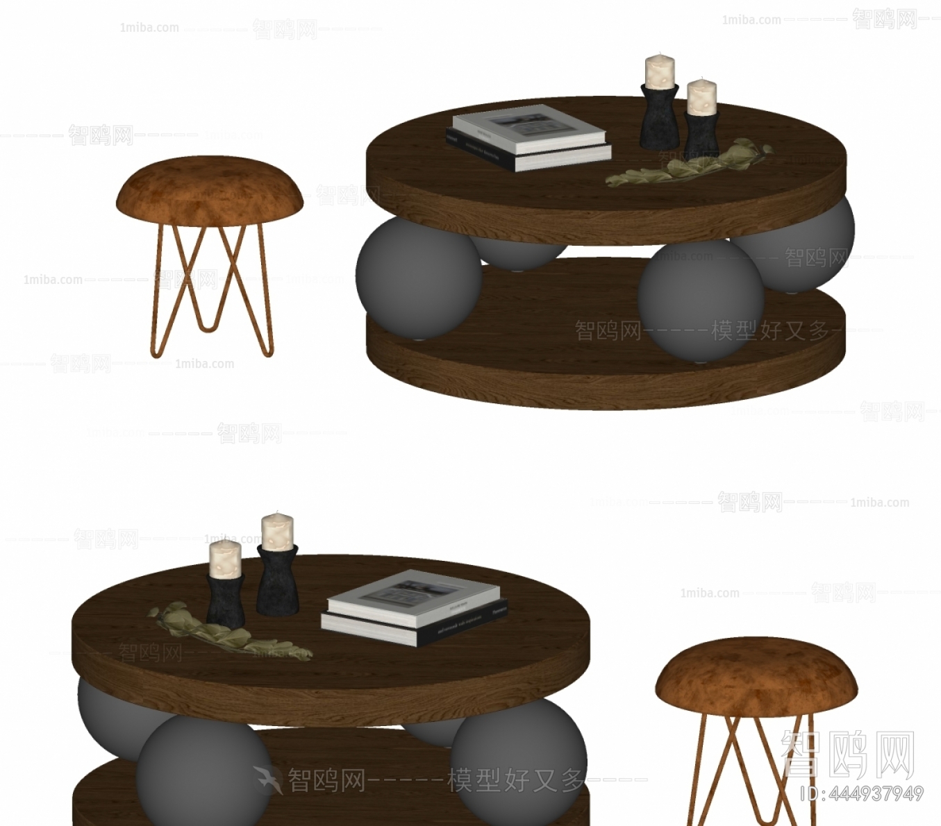 现代中古风圆形茶几组合 矮凳