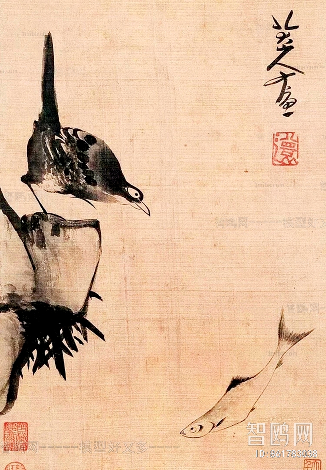 中式写意国画鸟盯鱼挂画