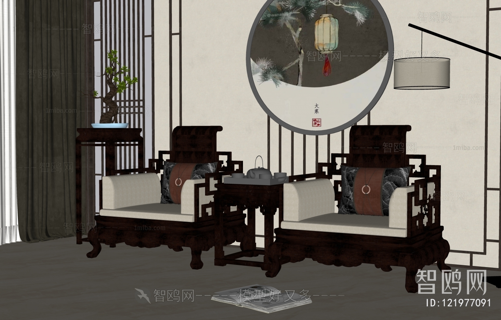 中式雕花单人沙发组合