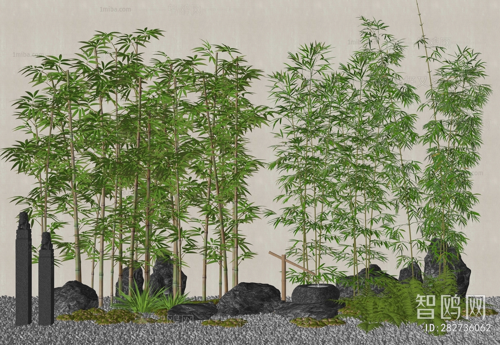 新中式竹子 石头景观小品