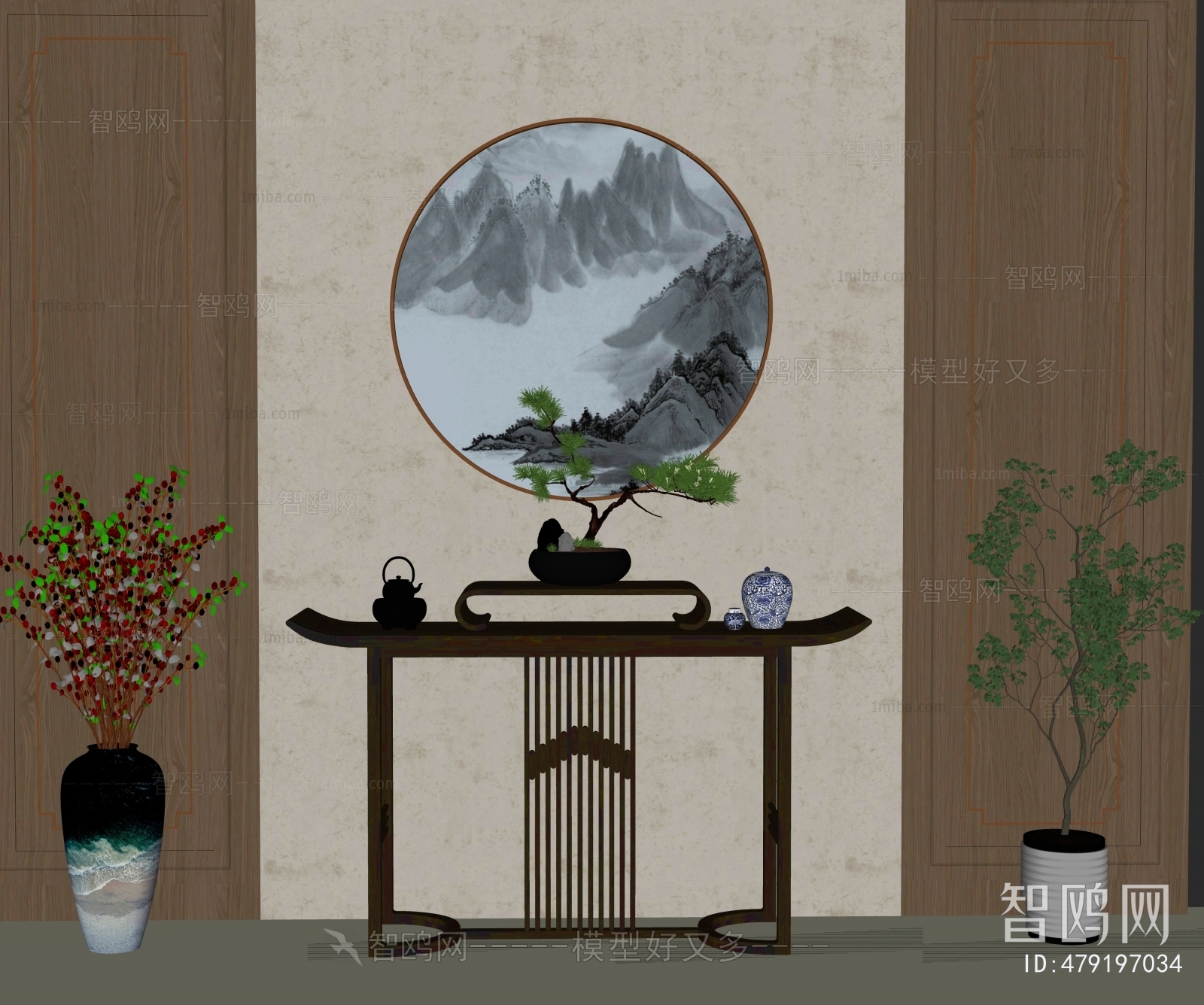 新中式端景台 花瓶盆景