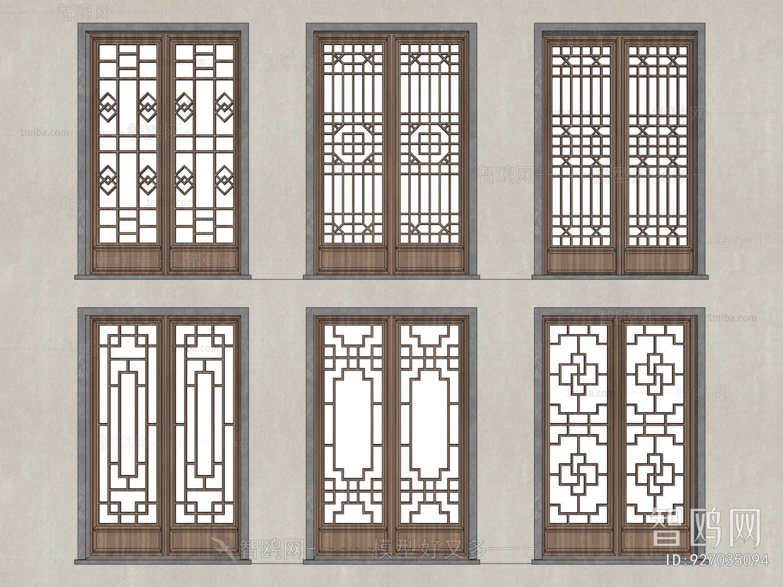 中式雕花图案镂空花窗组合