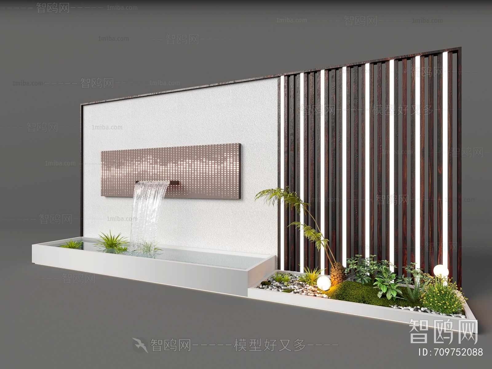 现代景墙 植物瀑布水景小品3D模型下载