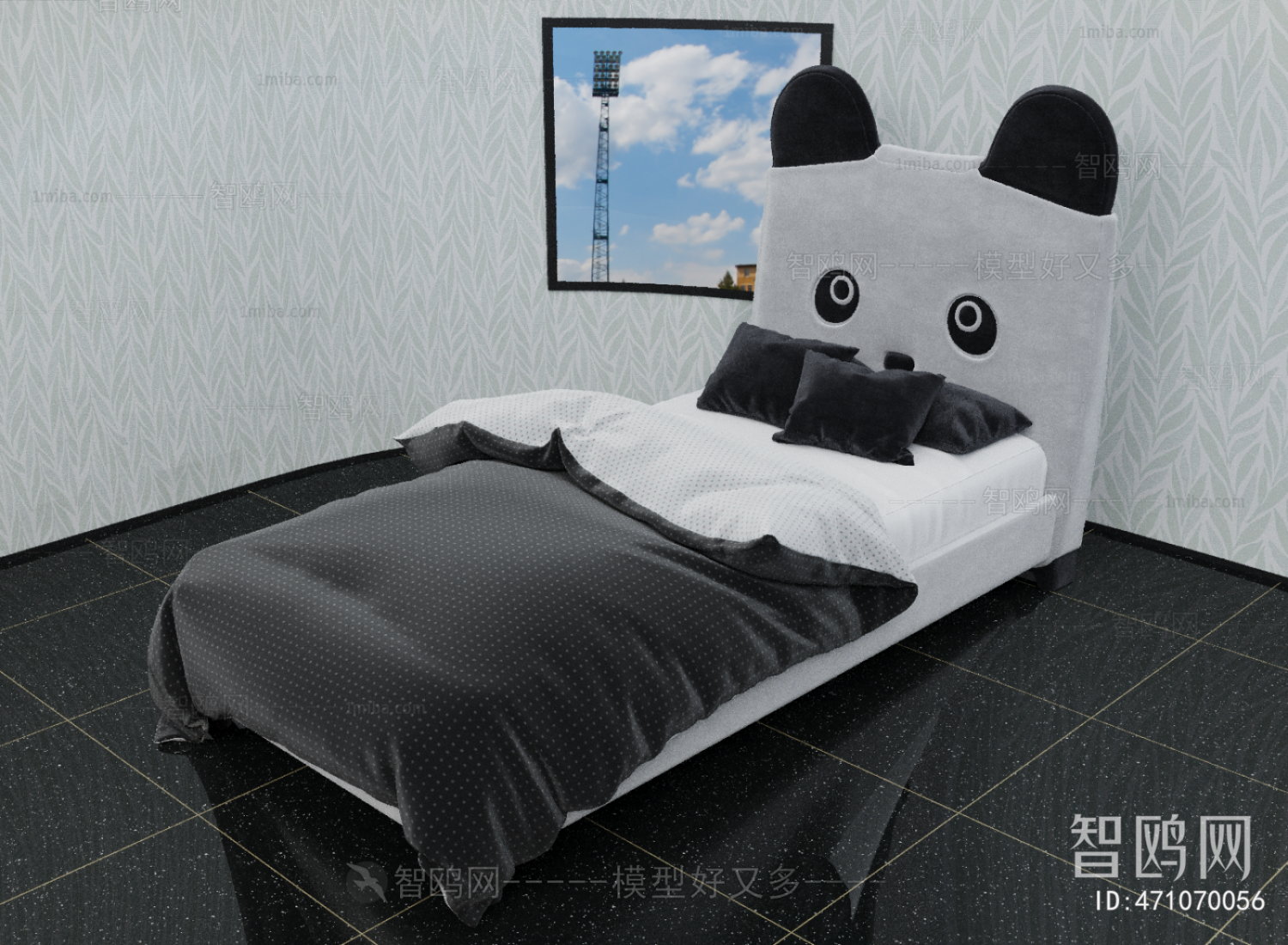现代黑色熊猫儿童床