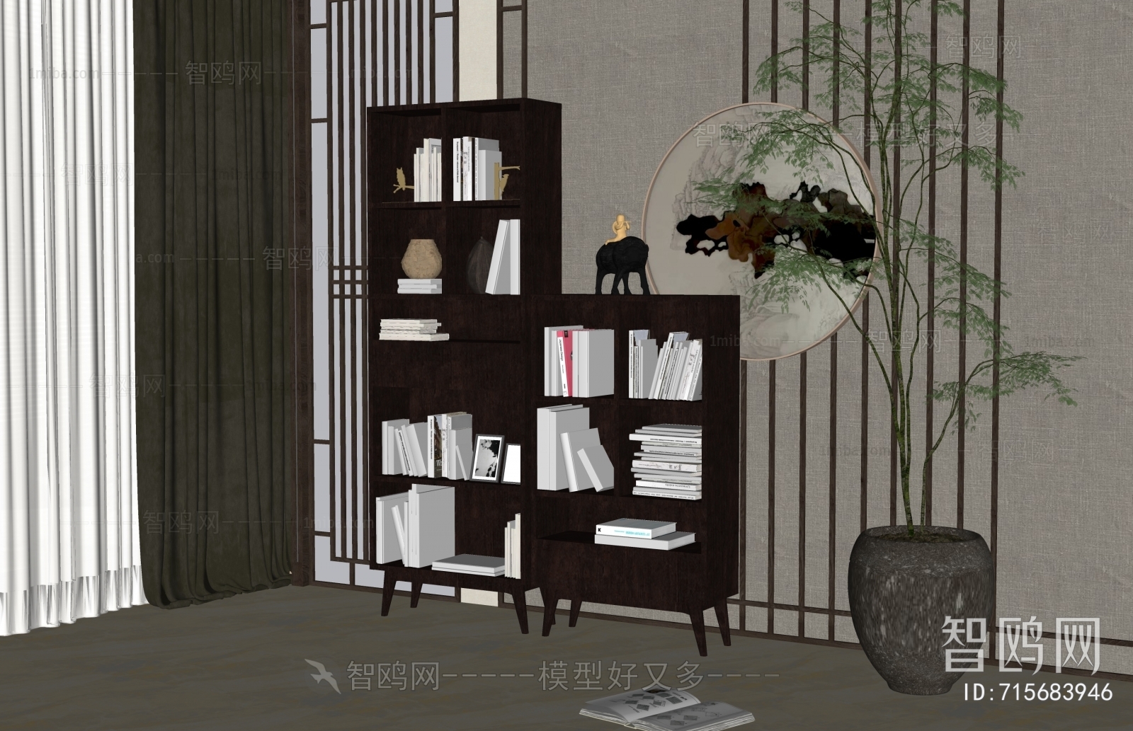 新中式高低书柜