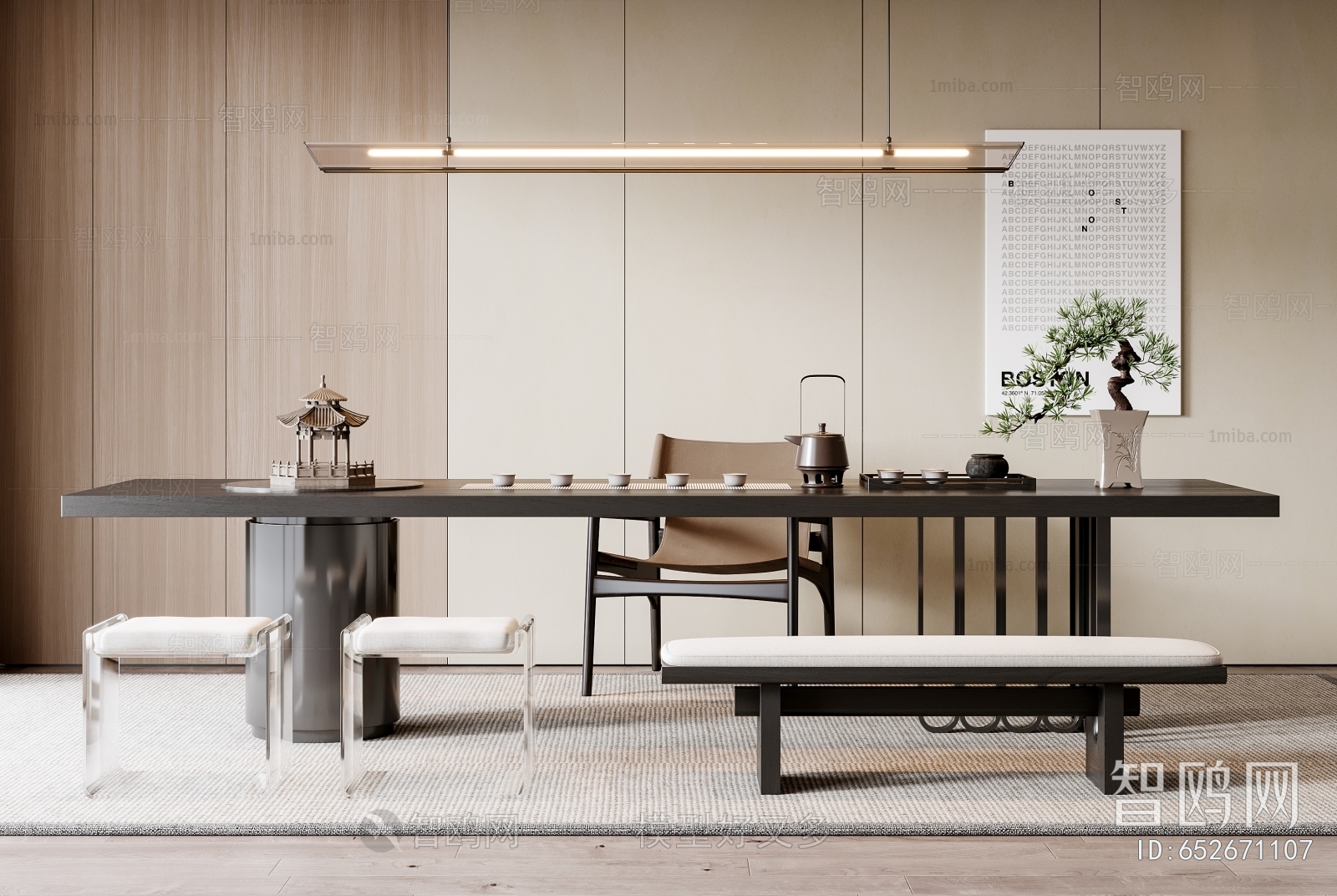 现代新中式茶桌椅坐凳