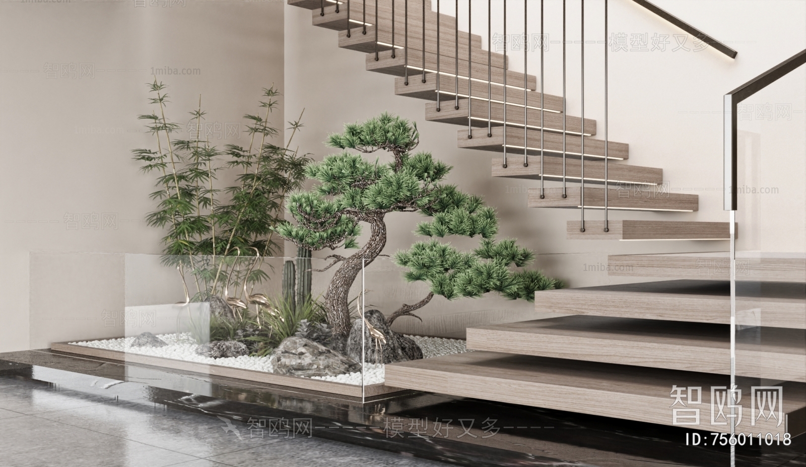 新中式楼梯间 景观植物小品