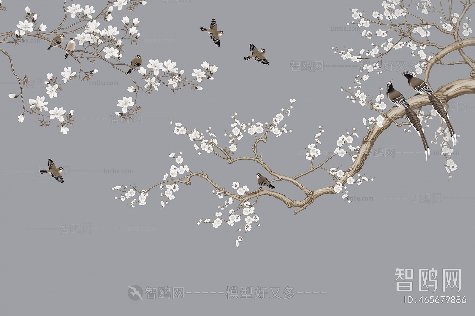 中式花鸟壁纸壁画3D模型下载
