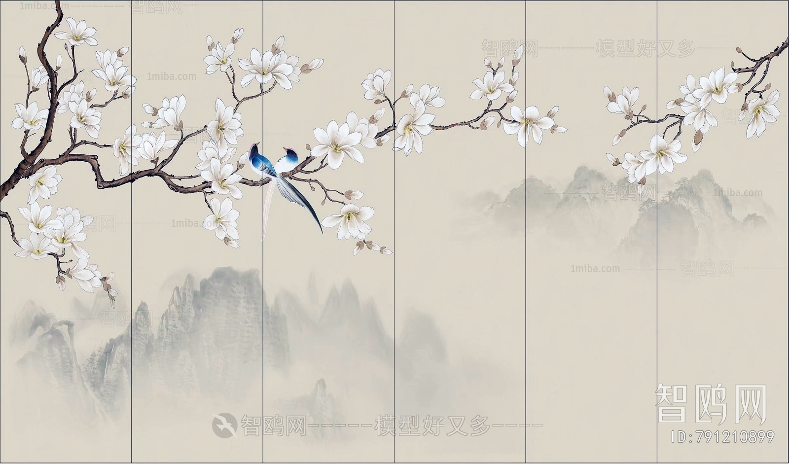 中式花鸟壁纸壁画3D模型下载
