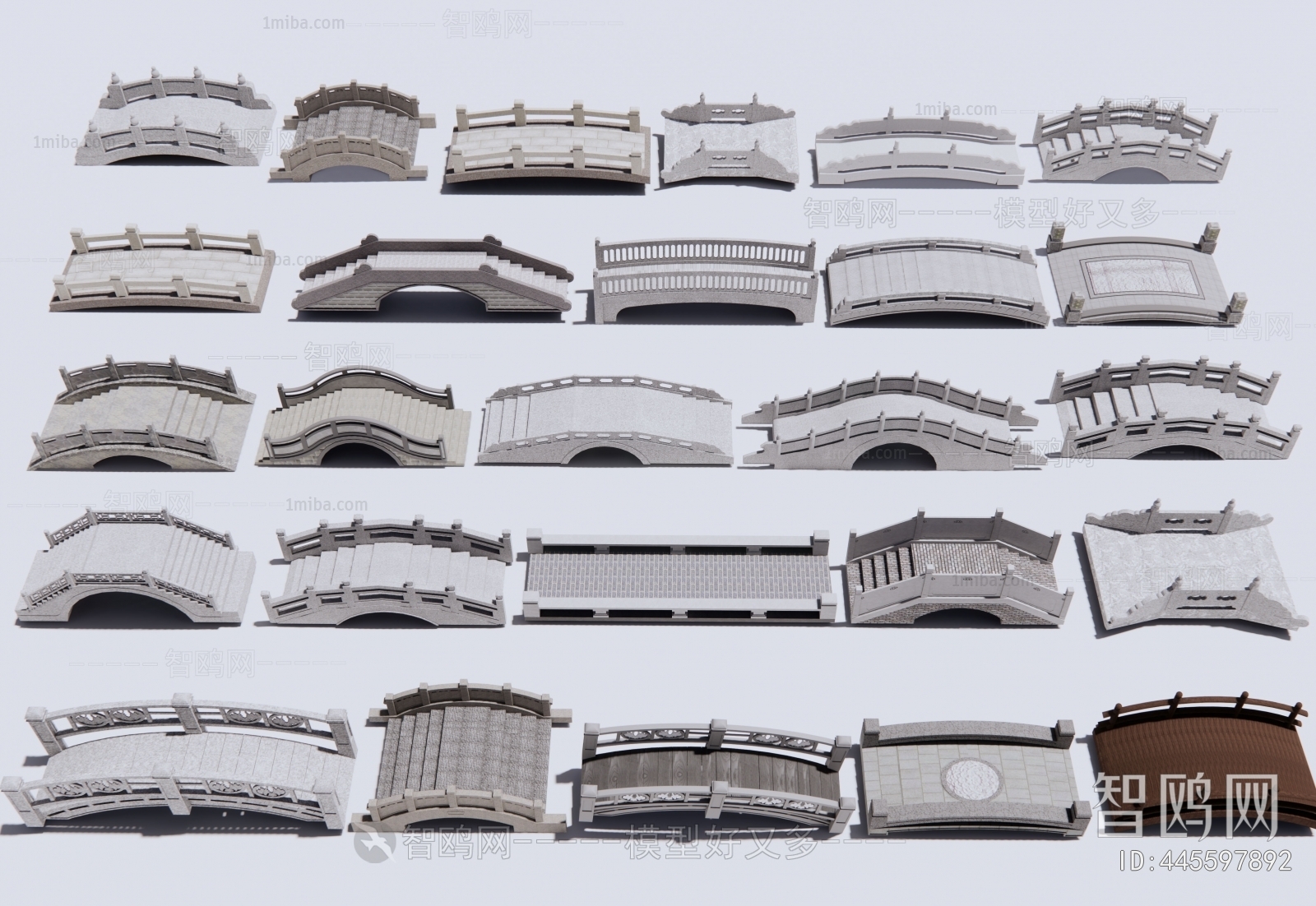 中式石拱桥组合3D模型下载