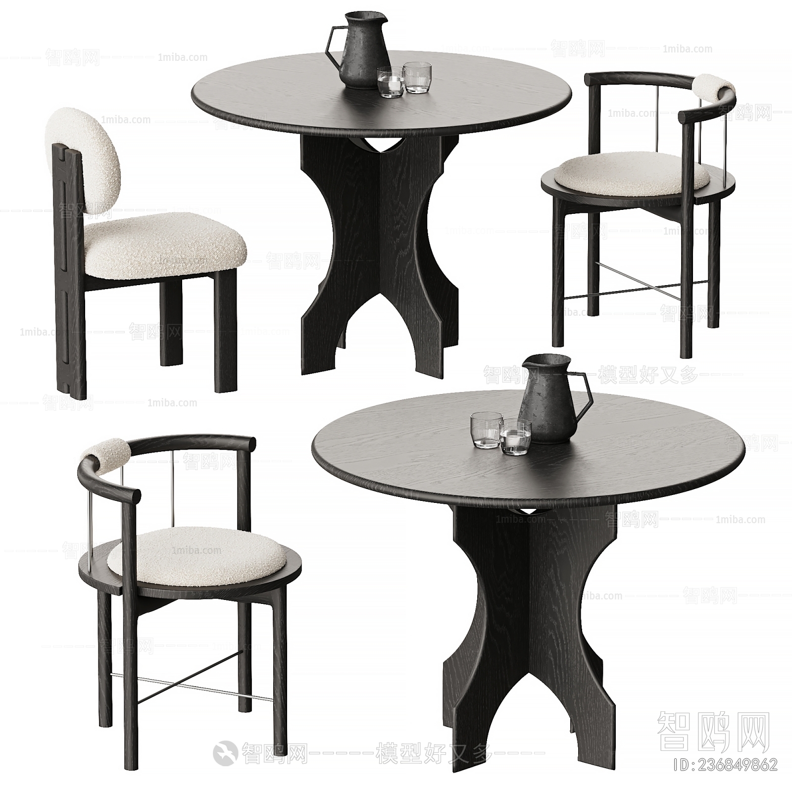 现代中古风圆形餐桌椅组合
