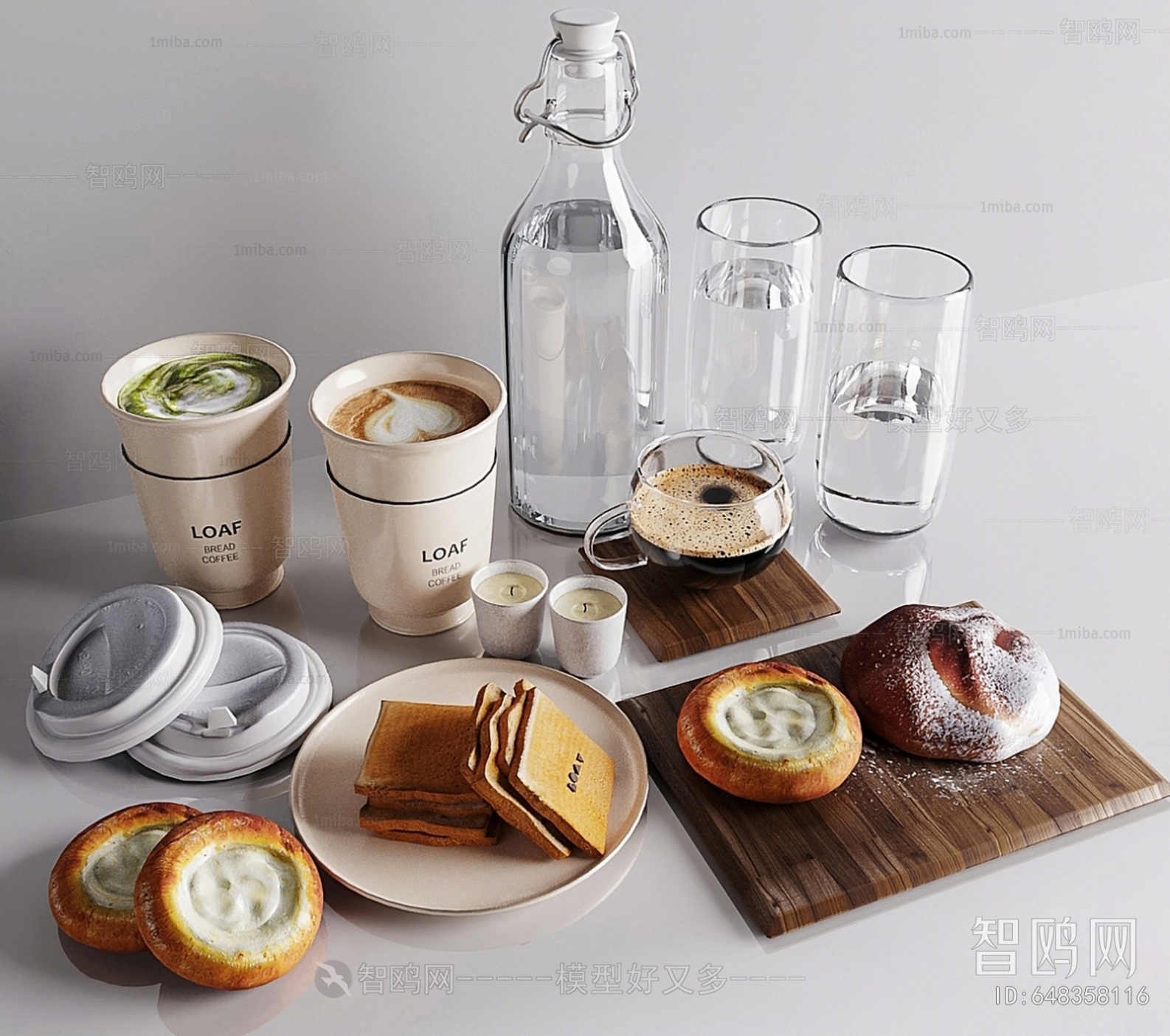 现代玻璃杯 食物 咖啡 面包