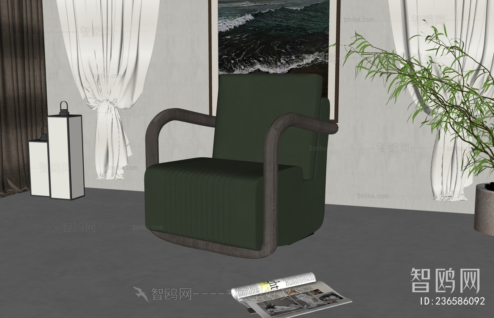 新中式绿色单人沙发