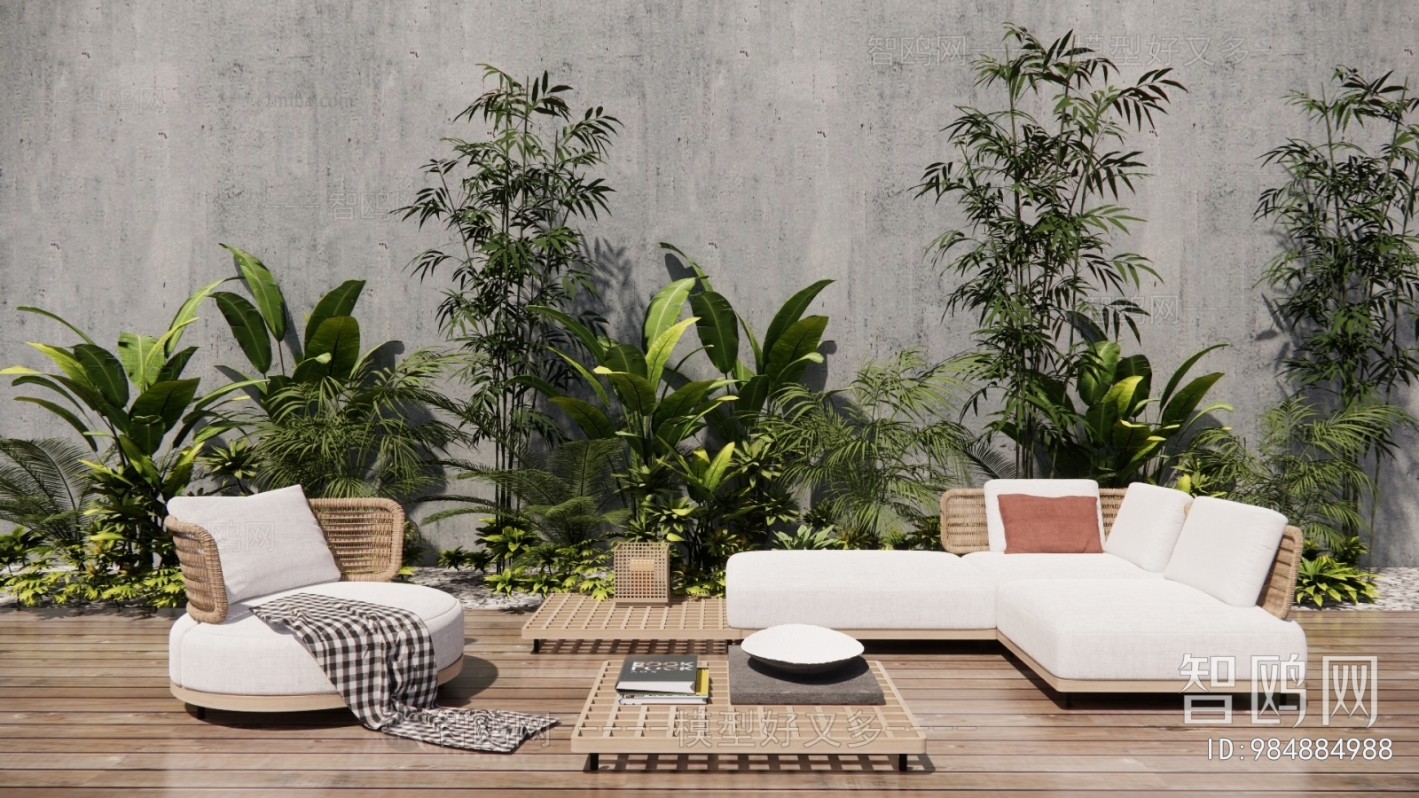 现代户外沙发茶几植物组合