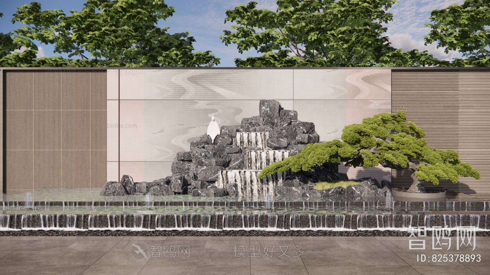 新中式假山景石景墙跌水景观
