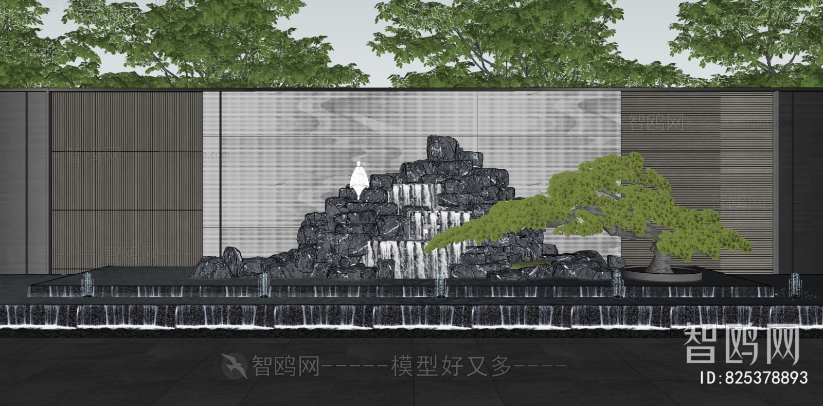 新中式假山景石景墙跌水景观