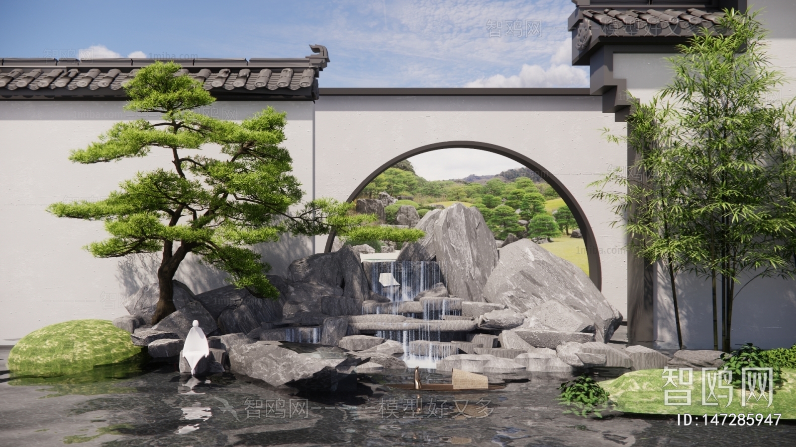 新中式庭院太湖石月亮门流水景观