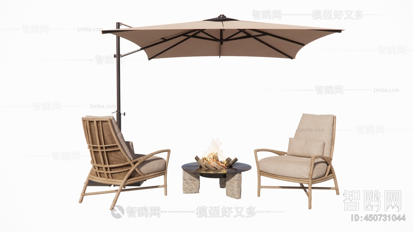 现代竹编户外椅 遮阳伞3D模型下载