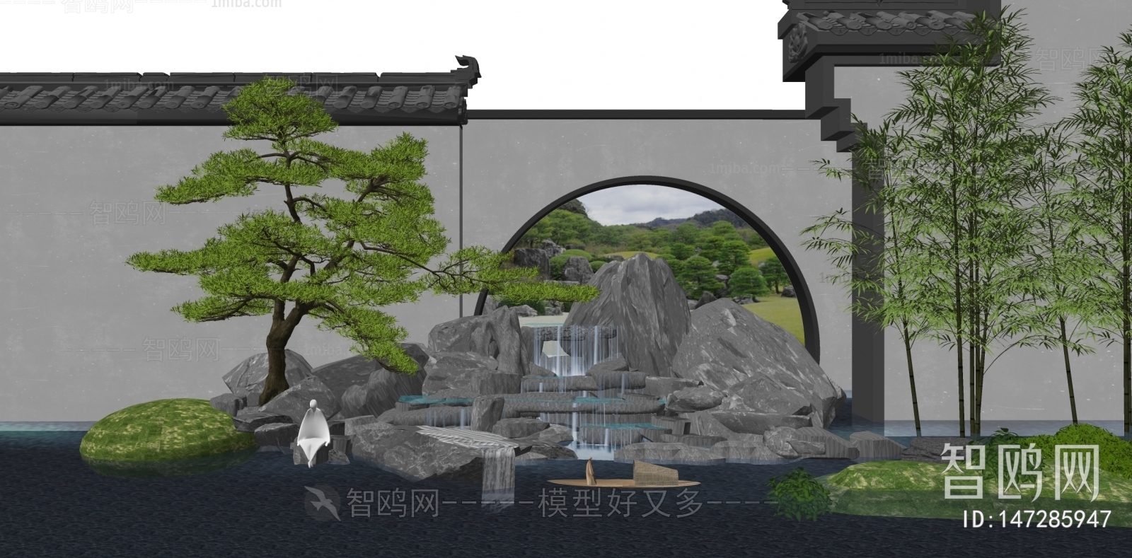 新中式庭院太湖石月亮门流水景观