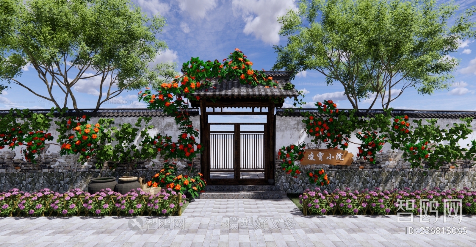新中式庭院大门景墙围墙种植池