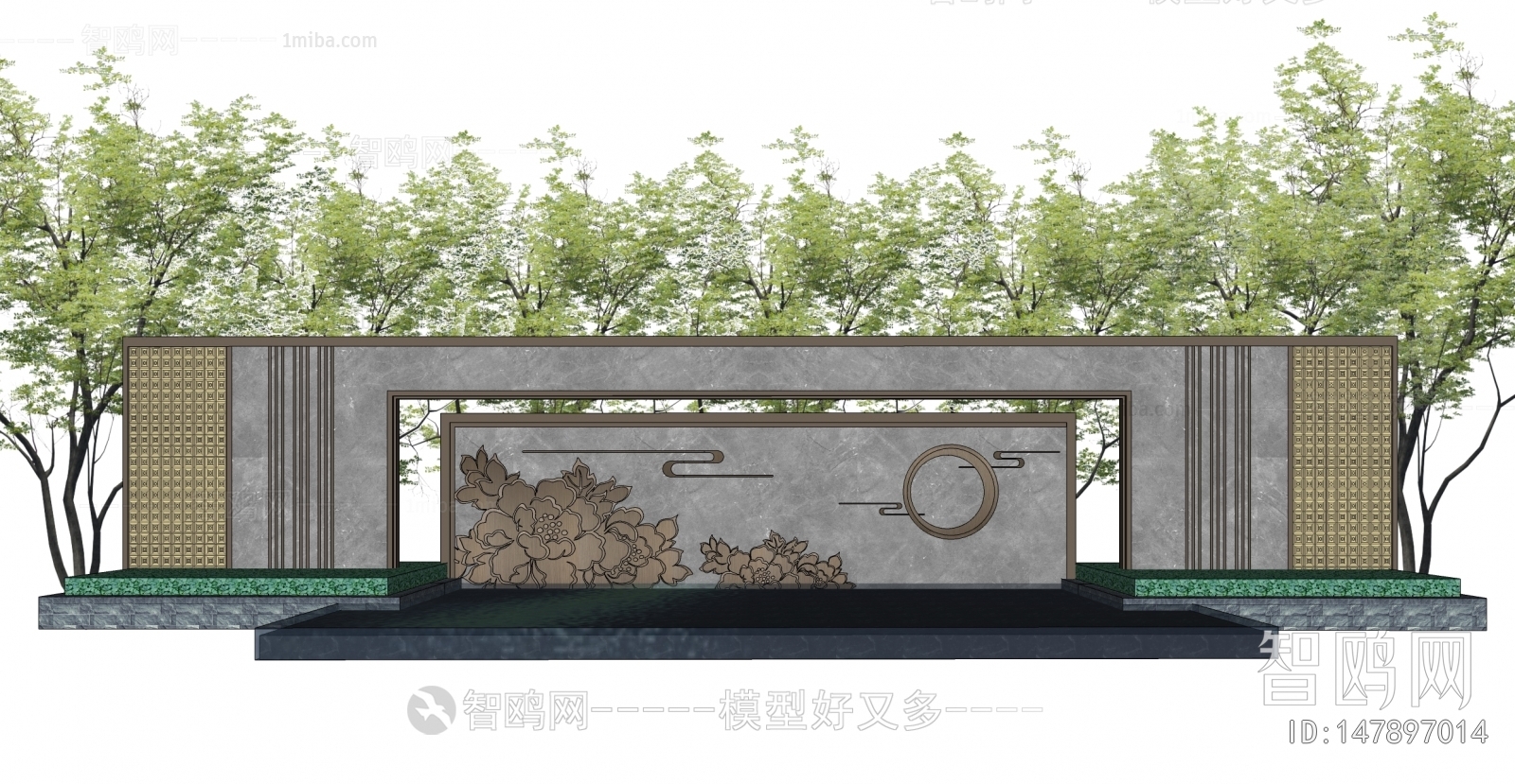 新中式景墙水景雕塑