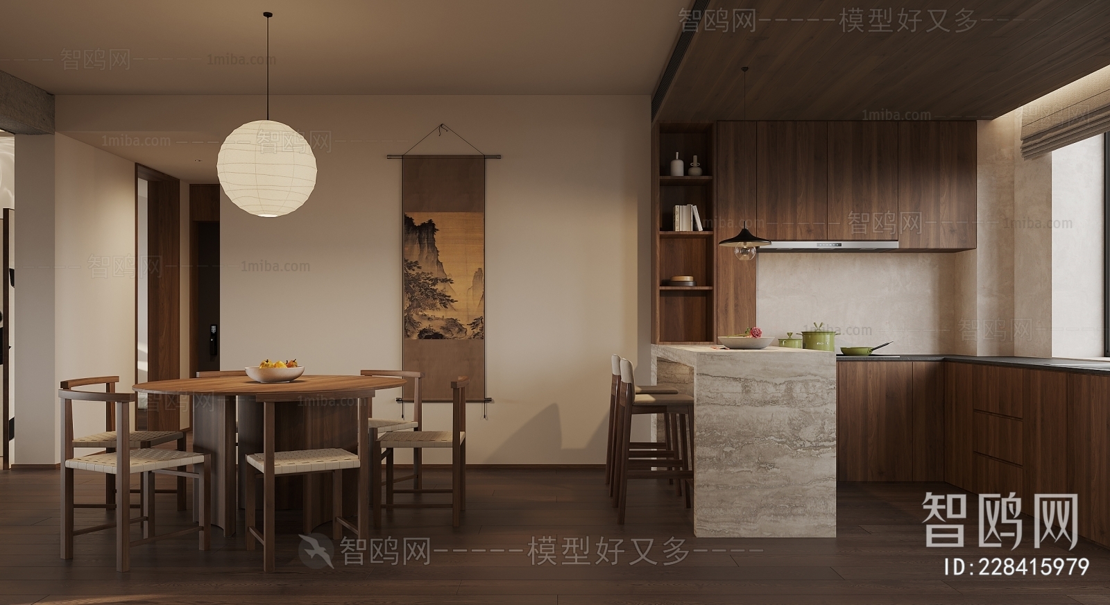 侘寂中古风开放式厨房餐厅3D模型下载