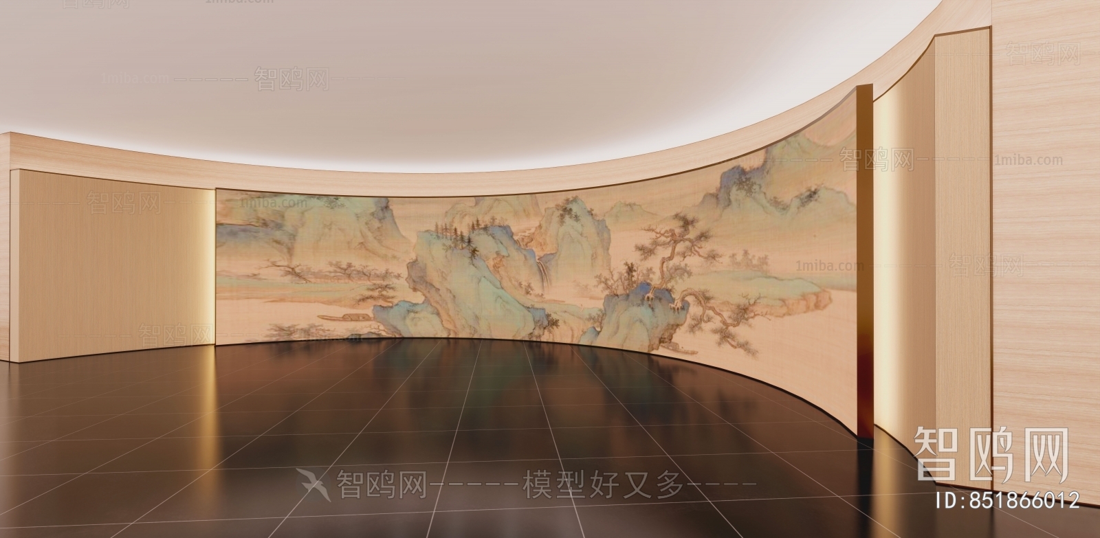 新中式造形墙 挂画3D模型下载