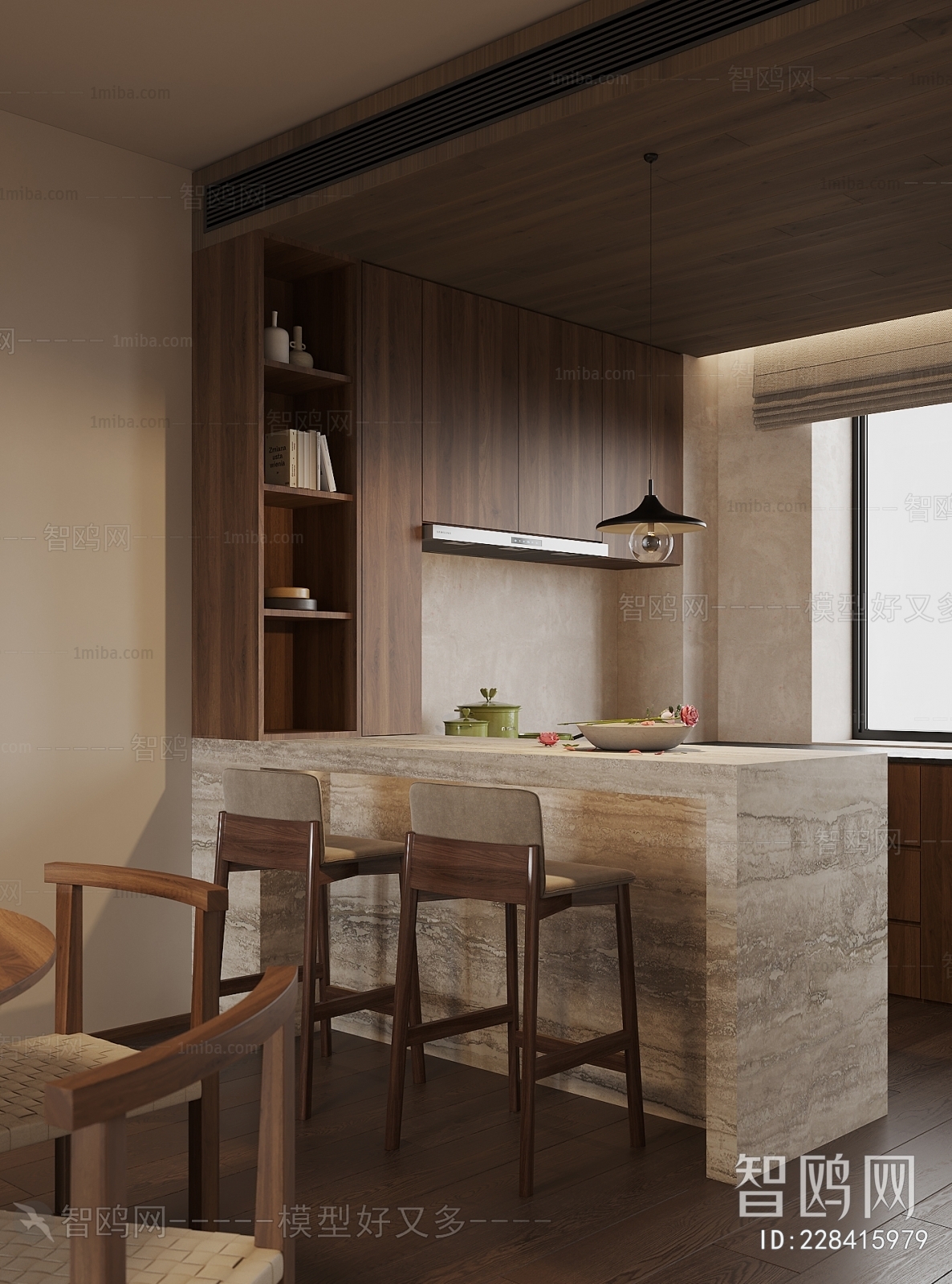 侘寂中古风开放式厨房餐厅3D模型下载
