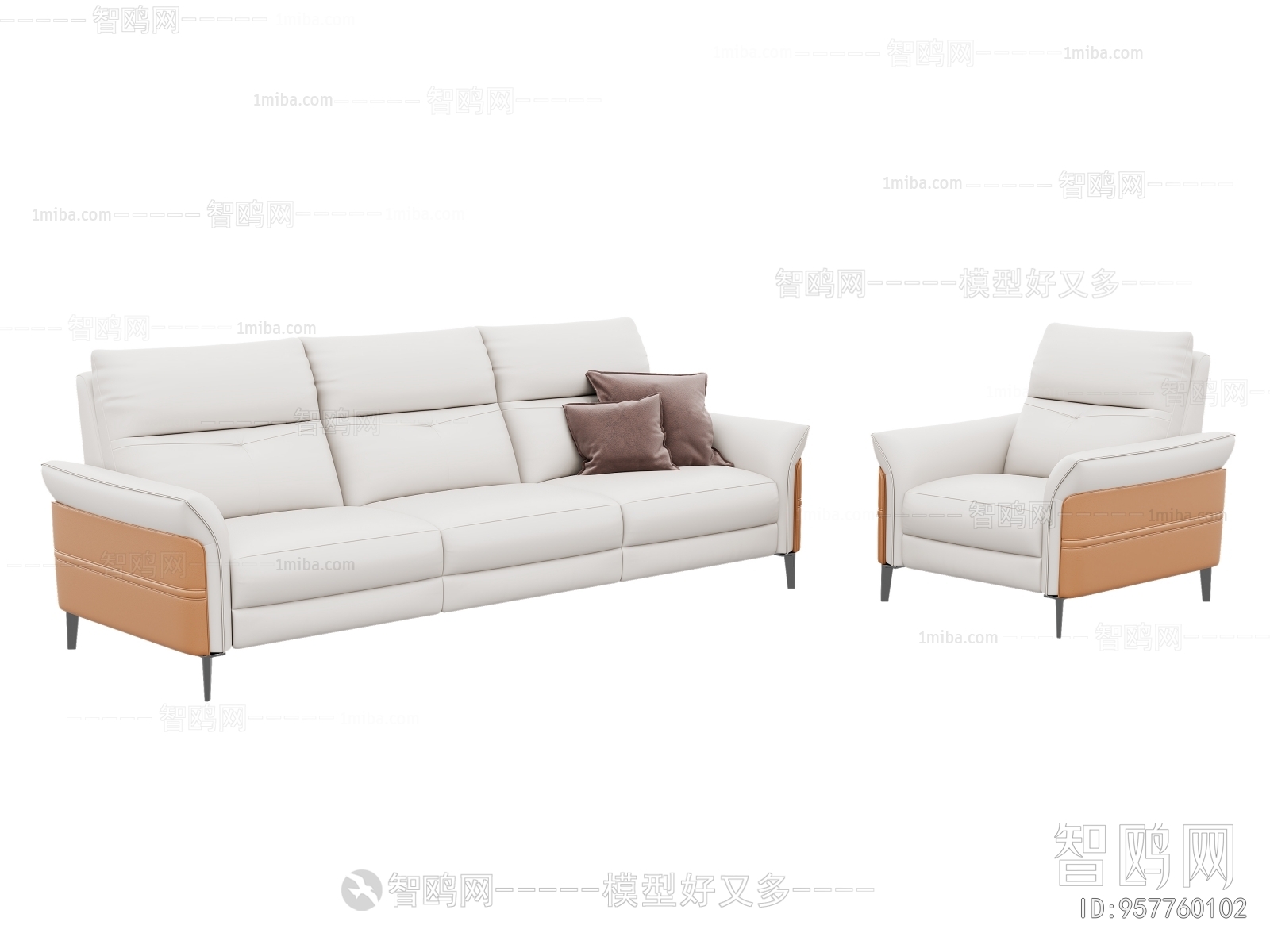 现代皮革三人单人沙发