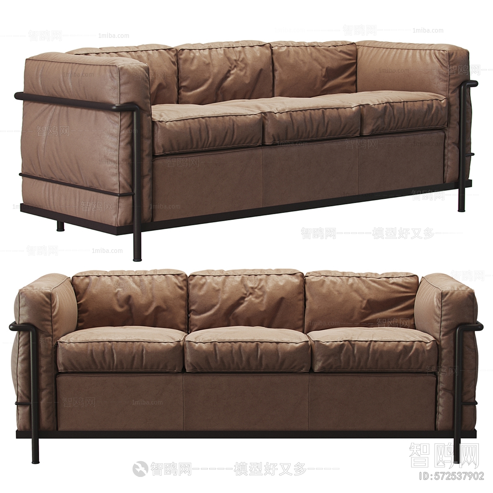 现代棕色三人沙发