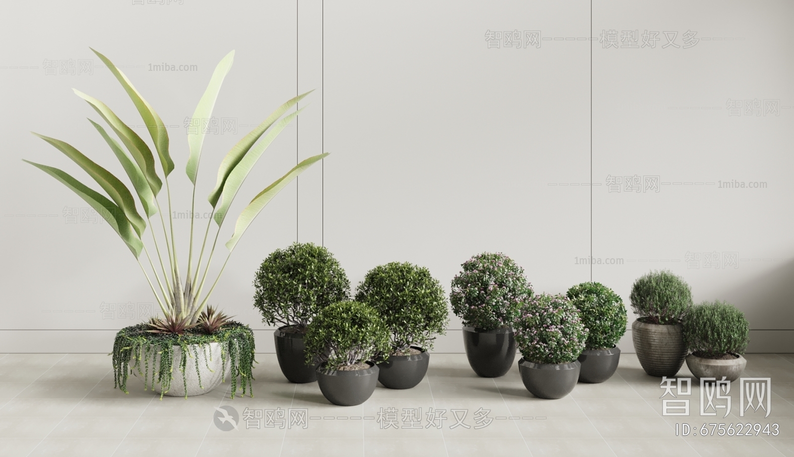 现代落地绿植盆栽组合3D模型下载