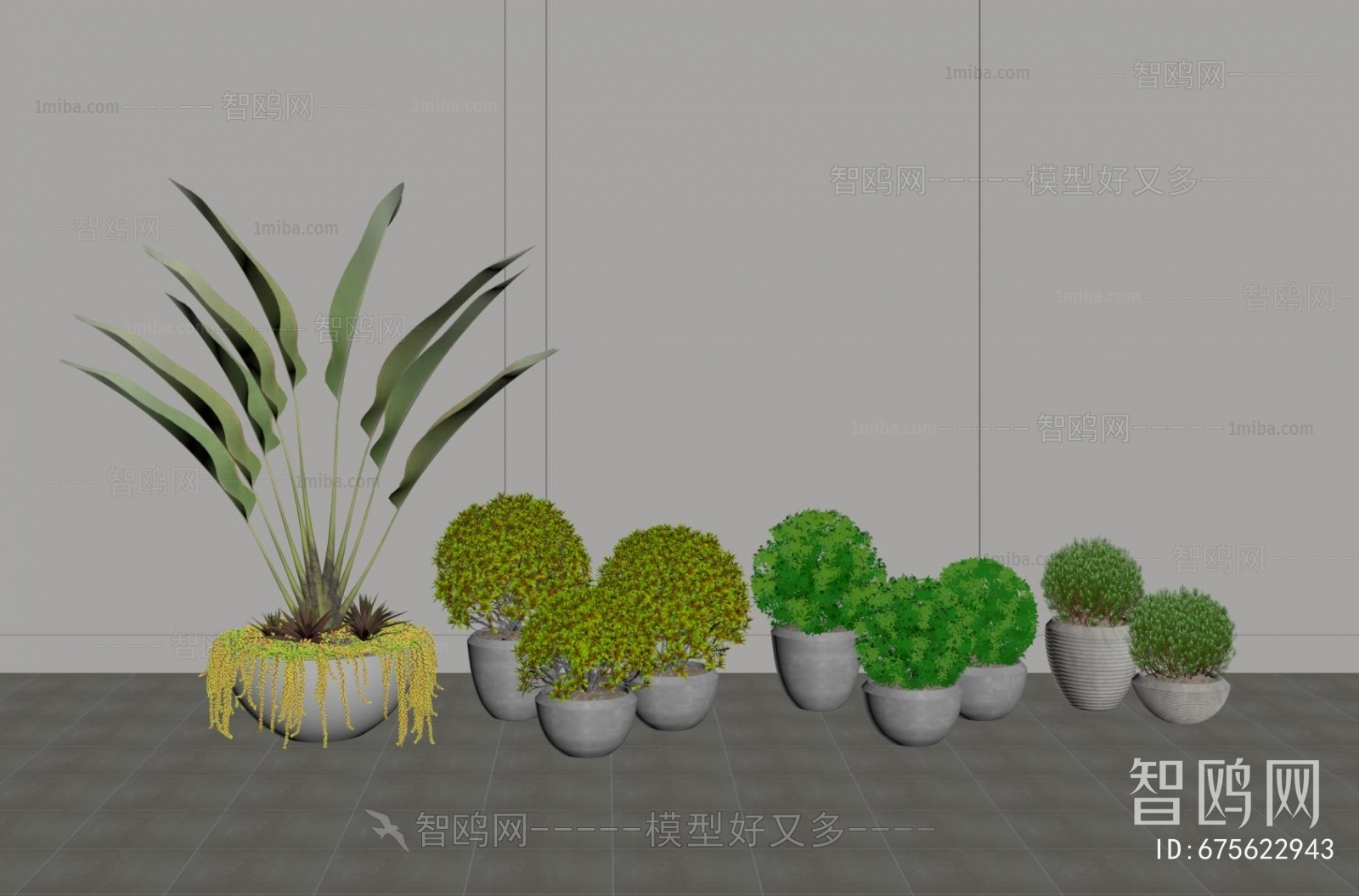 现代落地绿植盆栽组合3D模型下载