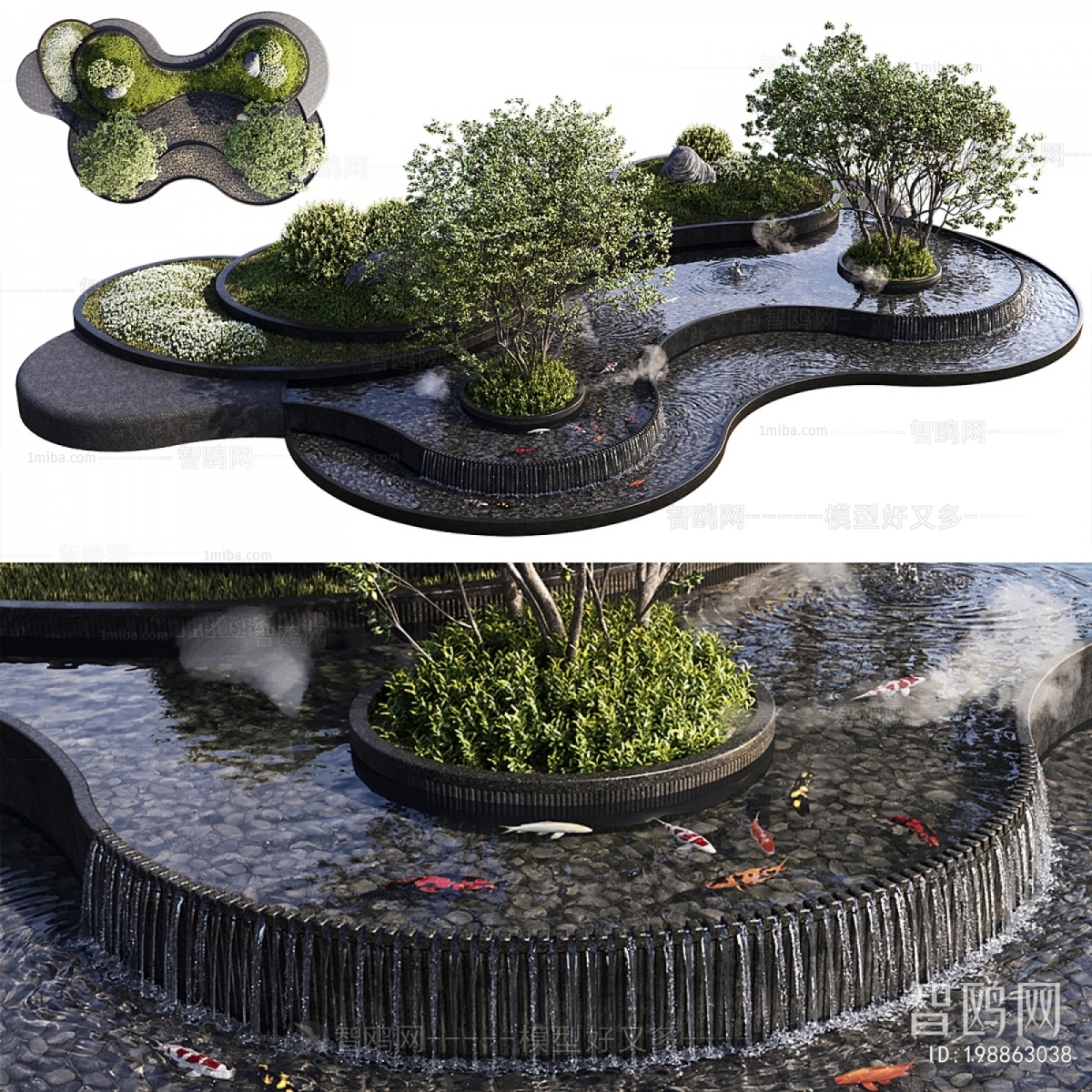 现代植物瀑布水景观3D模型下载