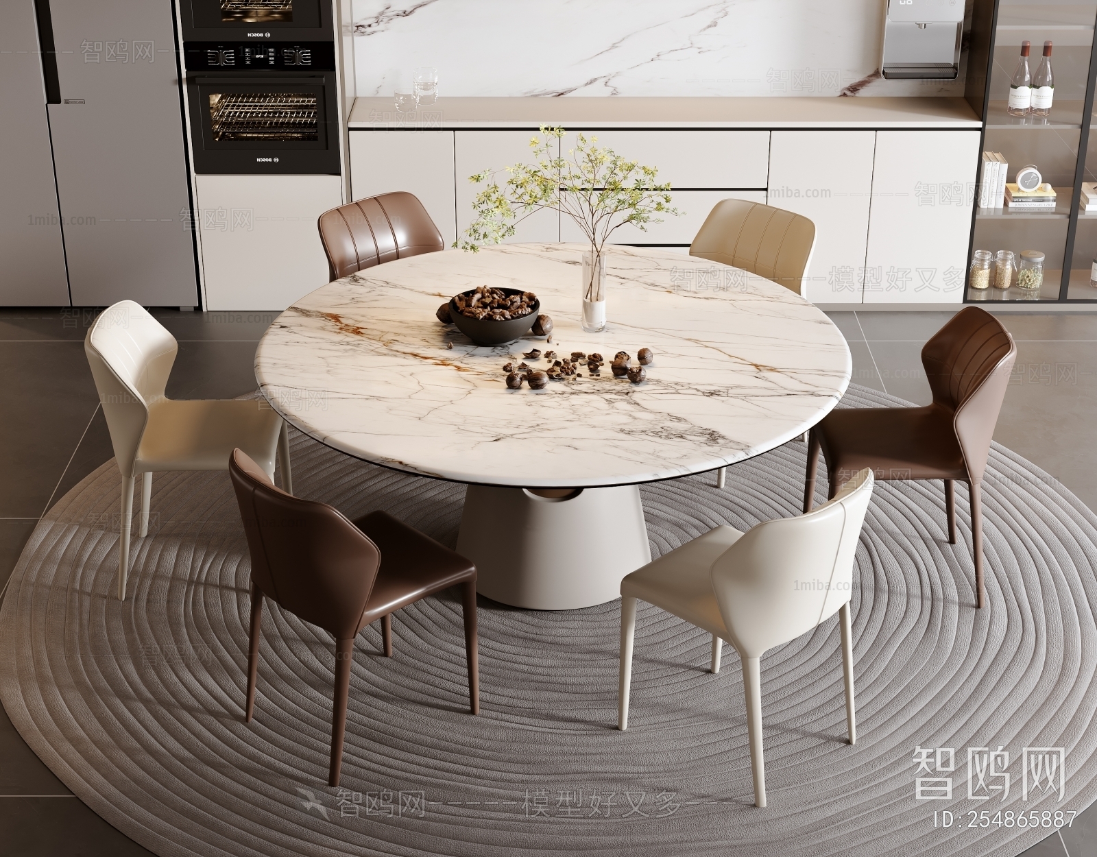现代圆形餐桌椅组合3D模型下载