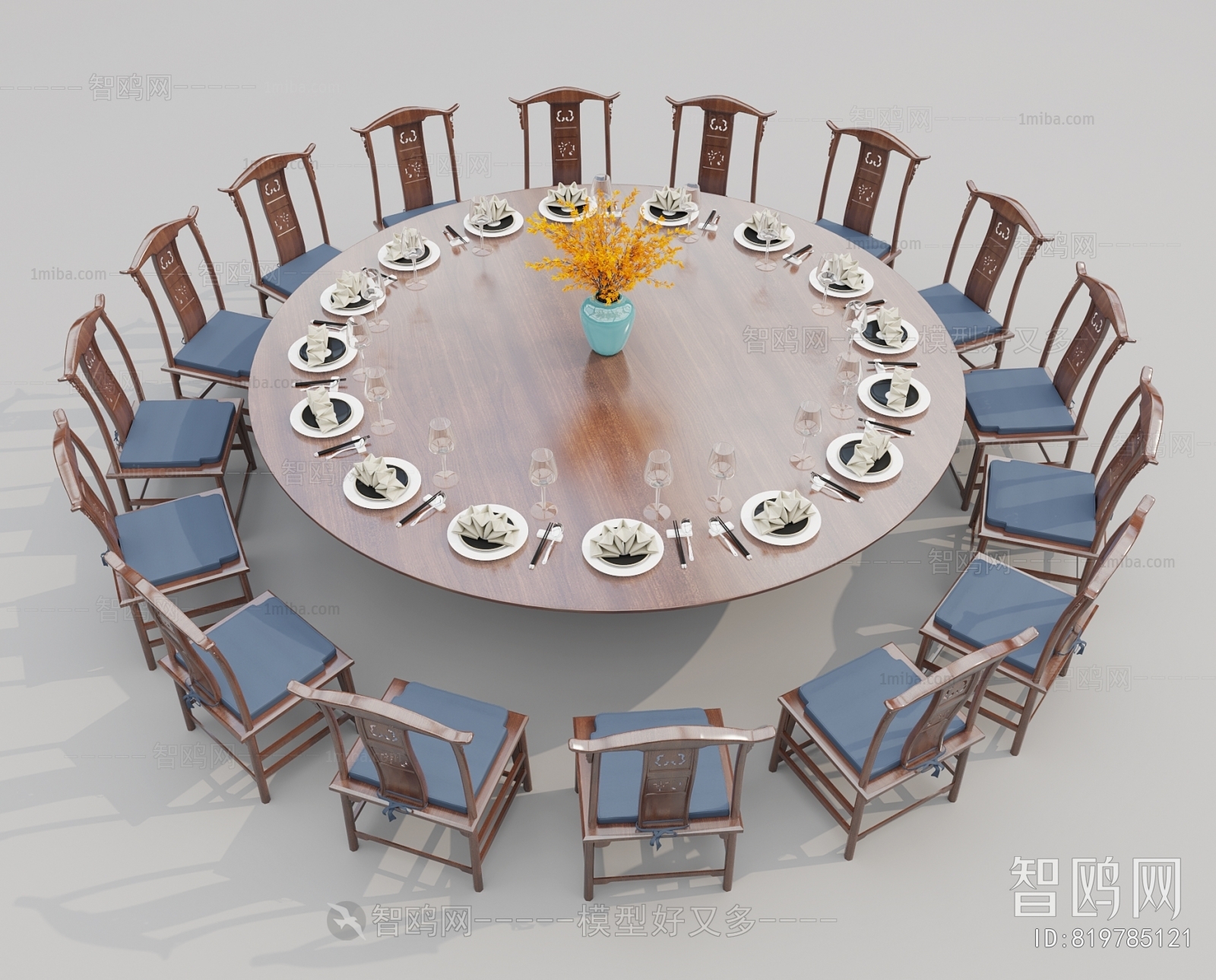 新中式包间圆形餐桌椅组合