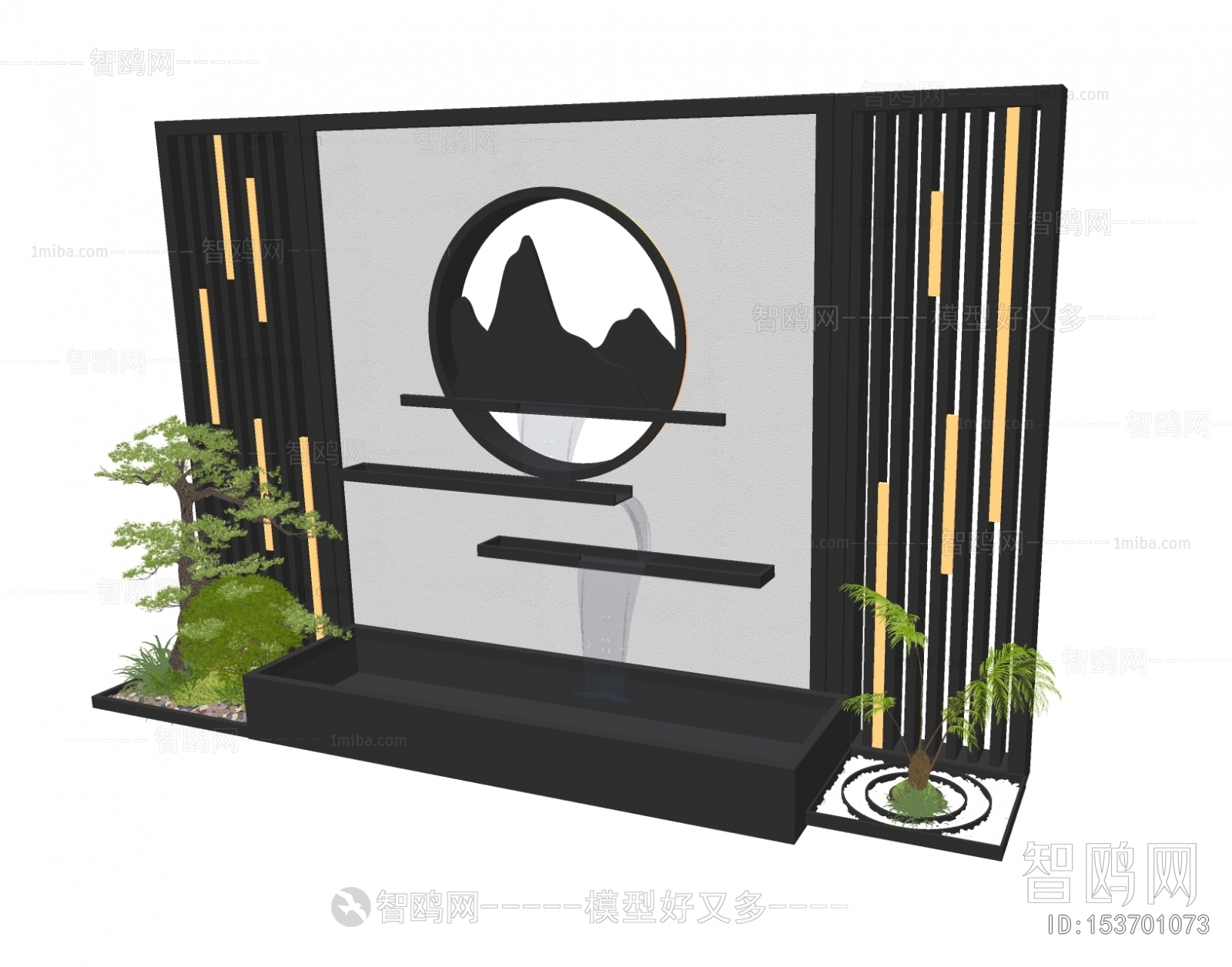新中式假山水景小品3D模型下载