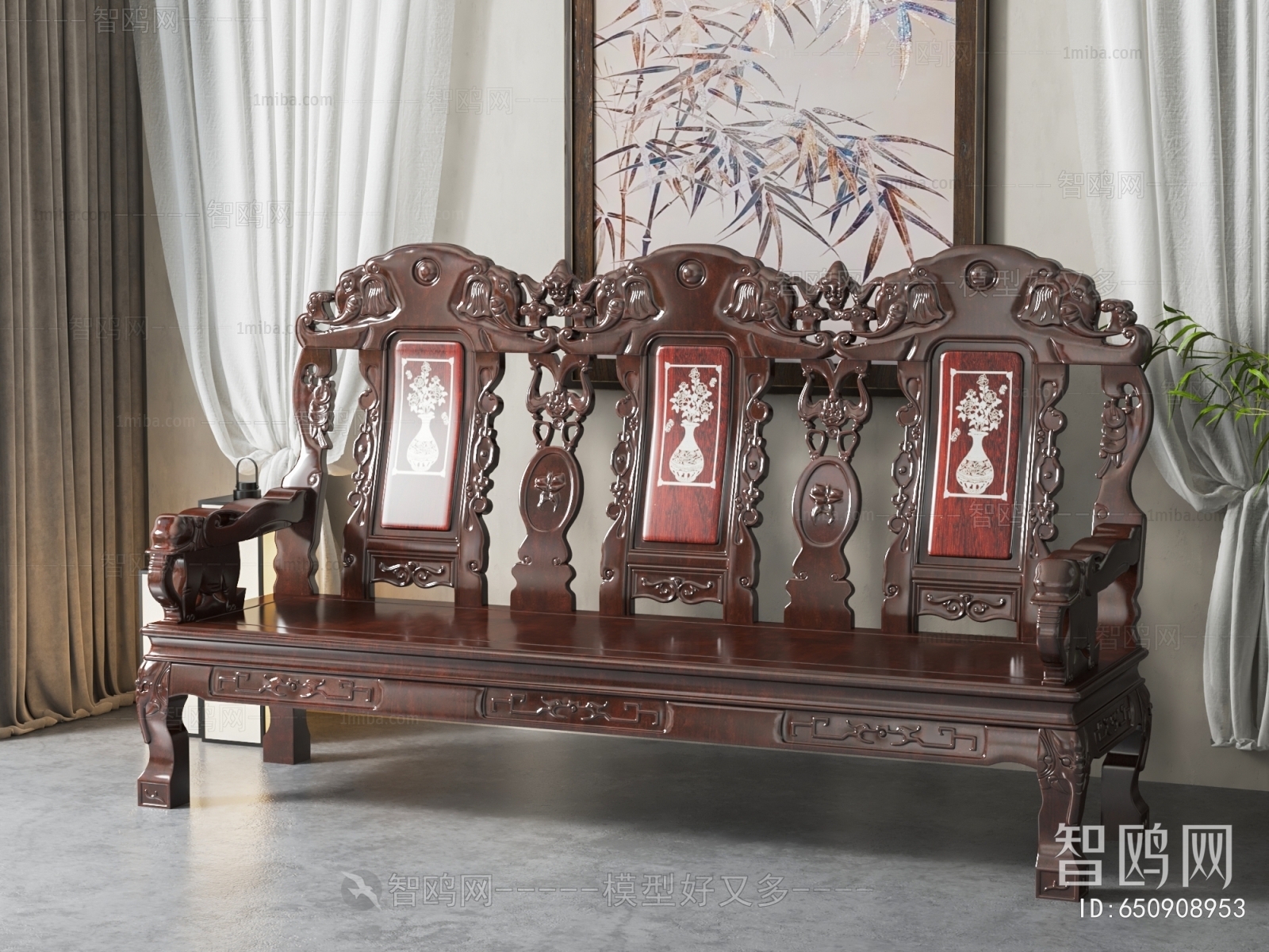 中式雕花三人沙发