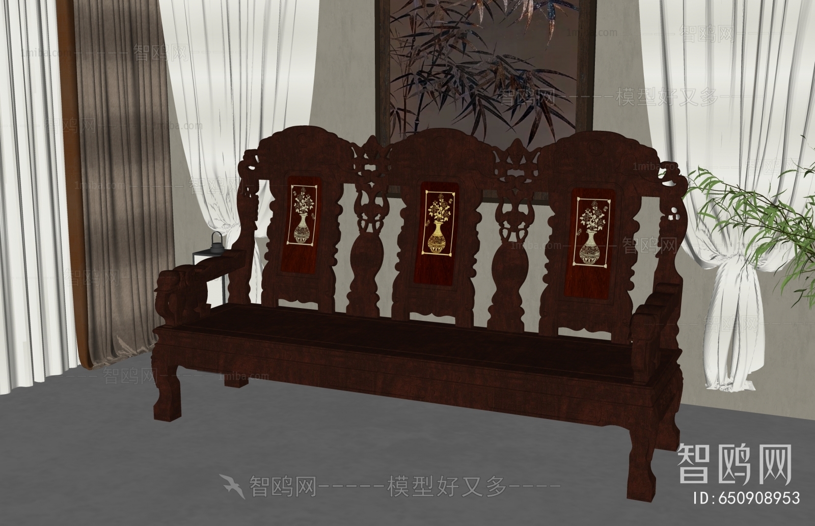 中式雕花三人沙发