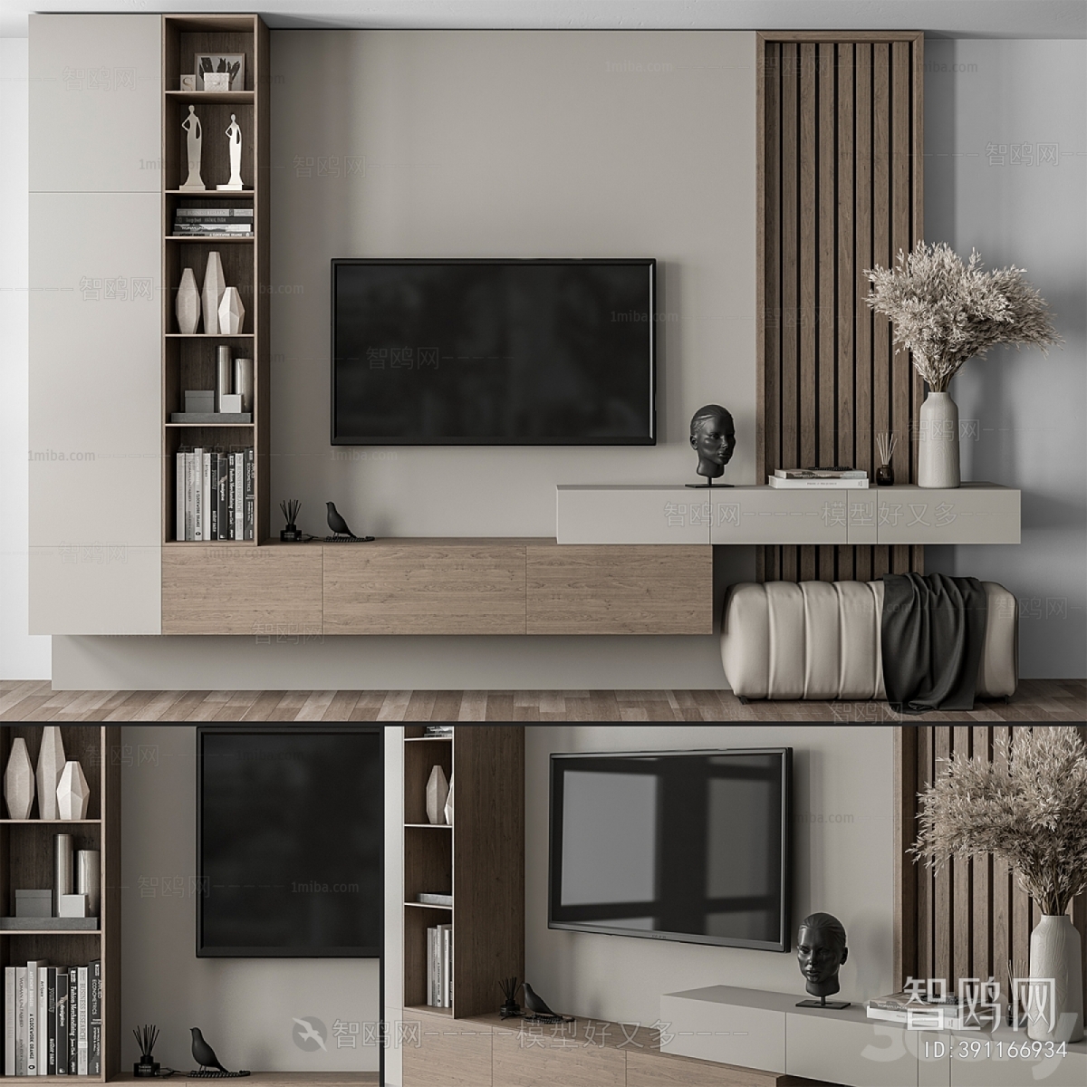 现代书柜电视背景墙3D模型下载