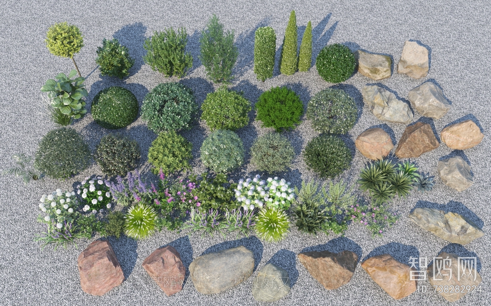 现代灌木绿植石头组合3D模型下载